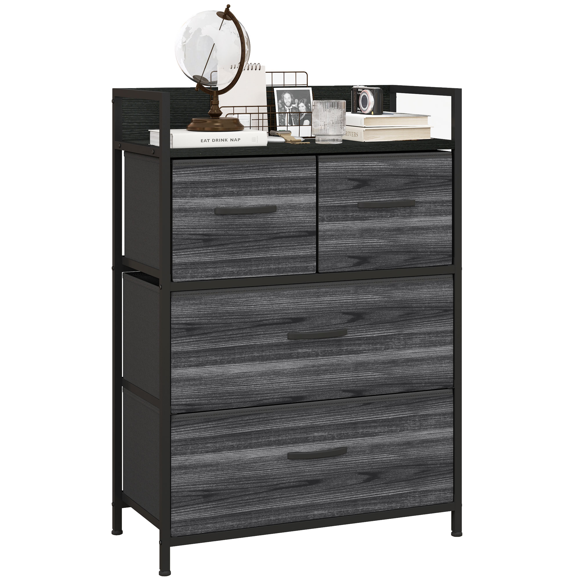 WENZA Black Chest of Drawers - Medium-sized, 4 Drawers, Fabric Drawers - Life Essentials