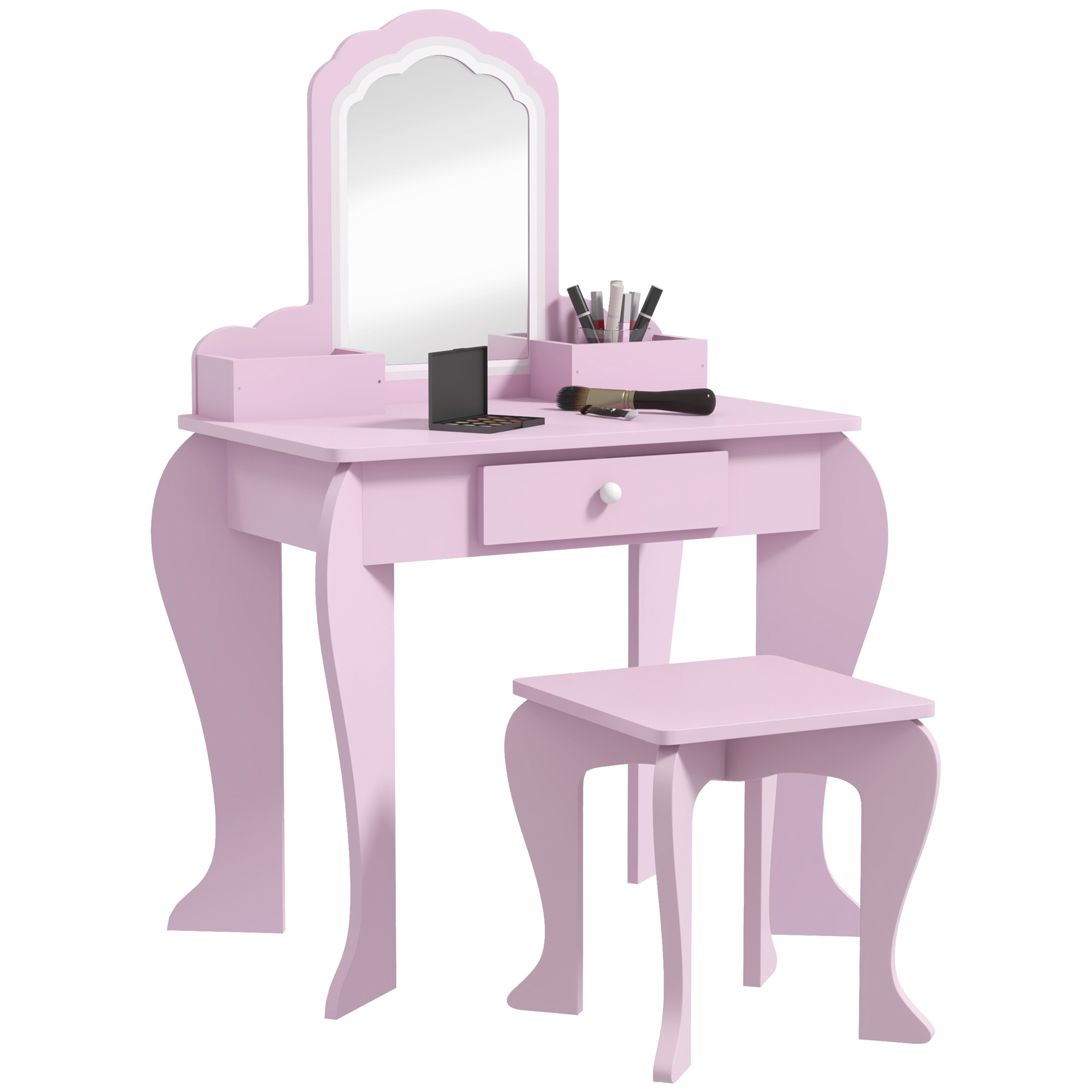 ZONEKIZ Kids Vanity Table with Mirror and Stool, Cloud Design, Drawer, Storage Boxes, for 3-6 Years Old - Pink - Life Essentials