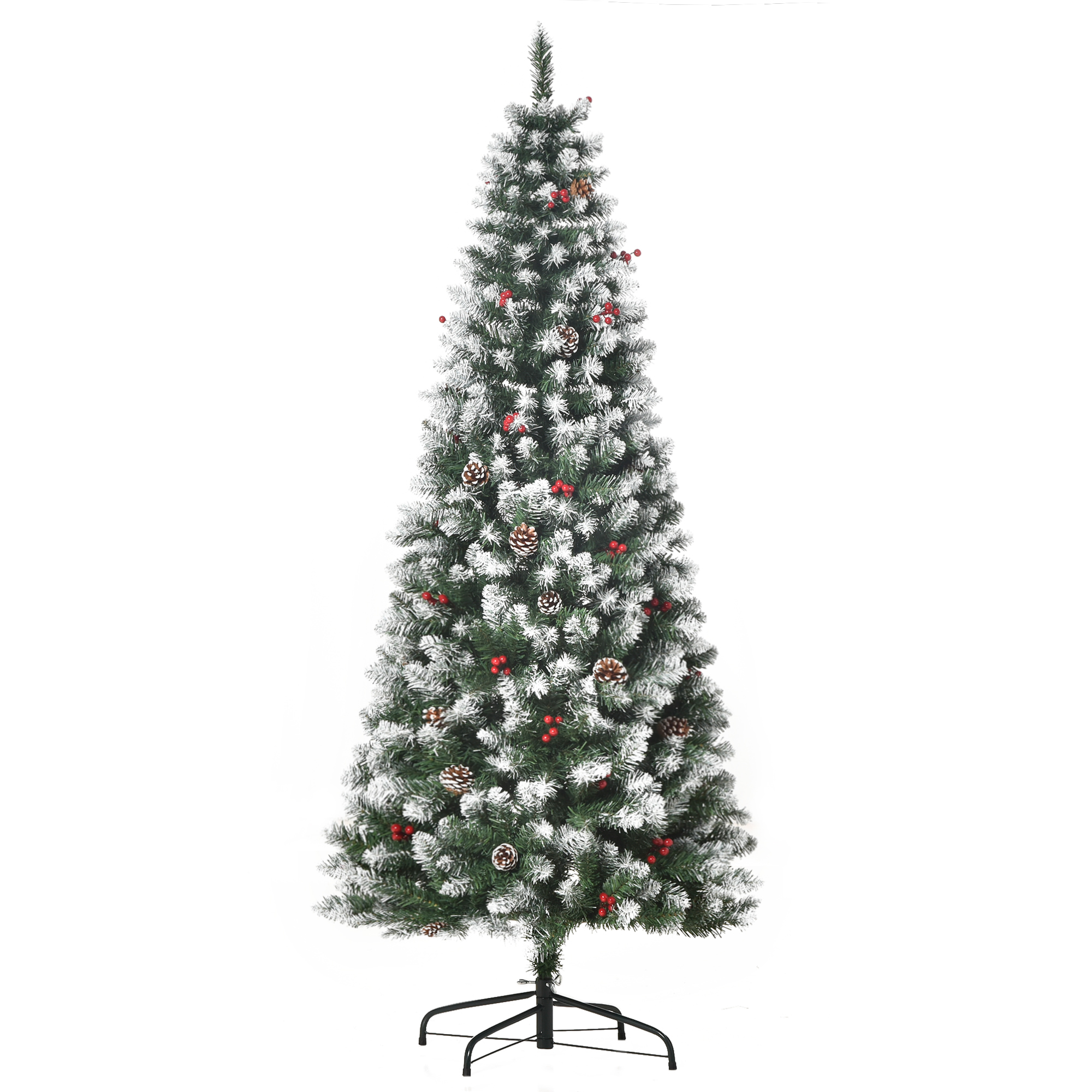 Debbie 6FT Prelit Christmas Tree Xmas Pencil Tree with Red Berries and Pinecones with Foldable Feet - Green - Life Essentials