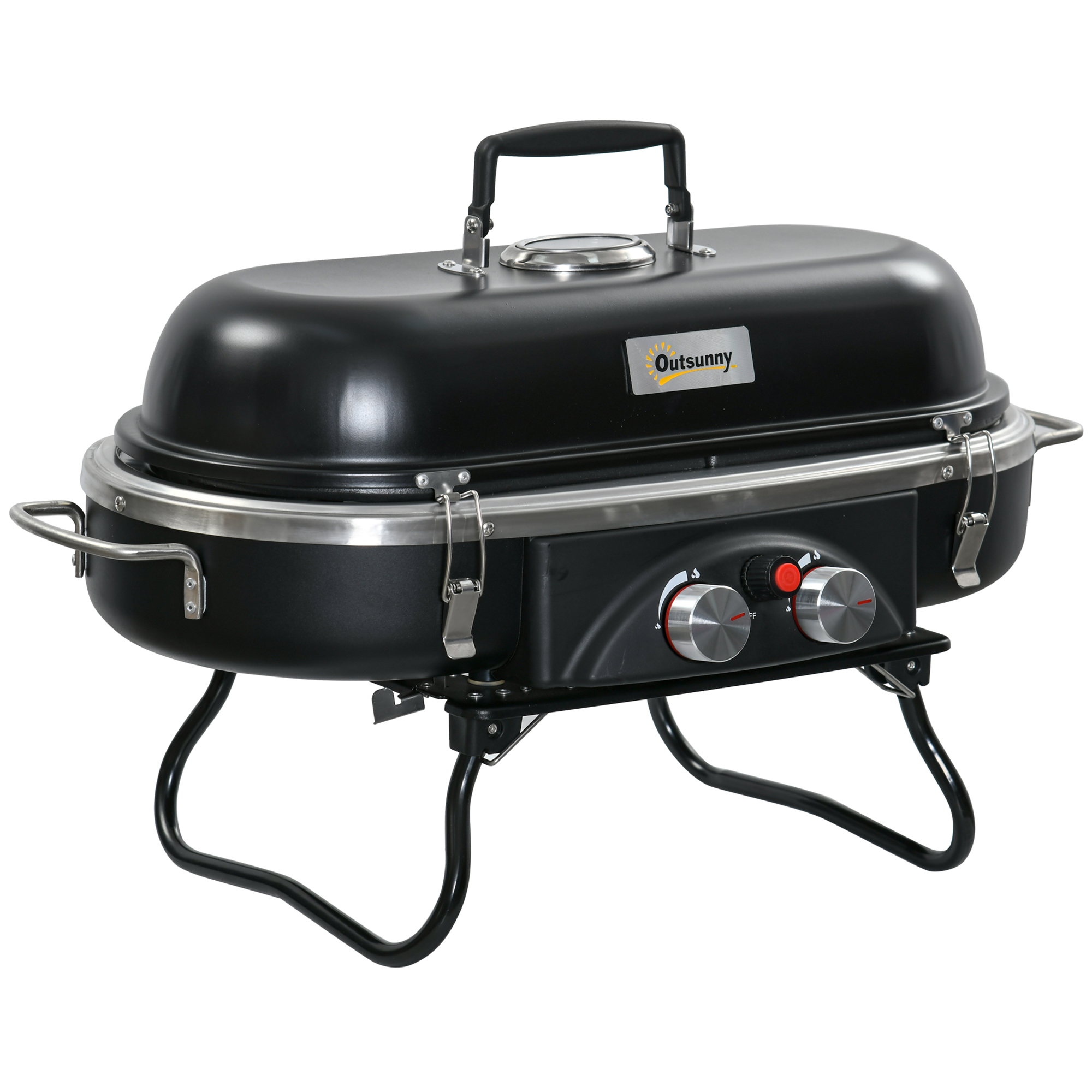 Foldable Gas BBQ Grill 2 Burner Table Top Barbecue w/ Lid Piezo Ignition Thermometer for Camping Picnic Cooking, Aluminium Alloy - Life Essentials