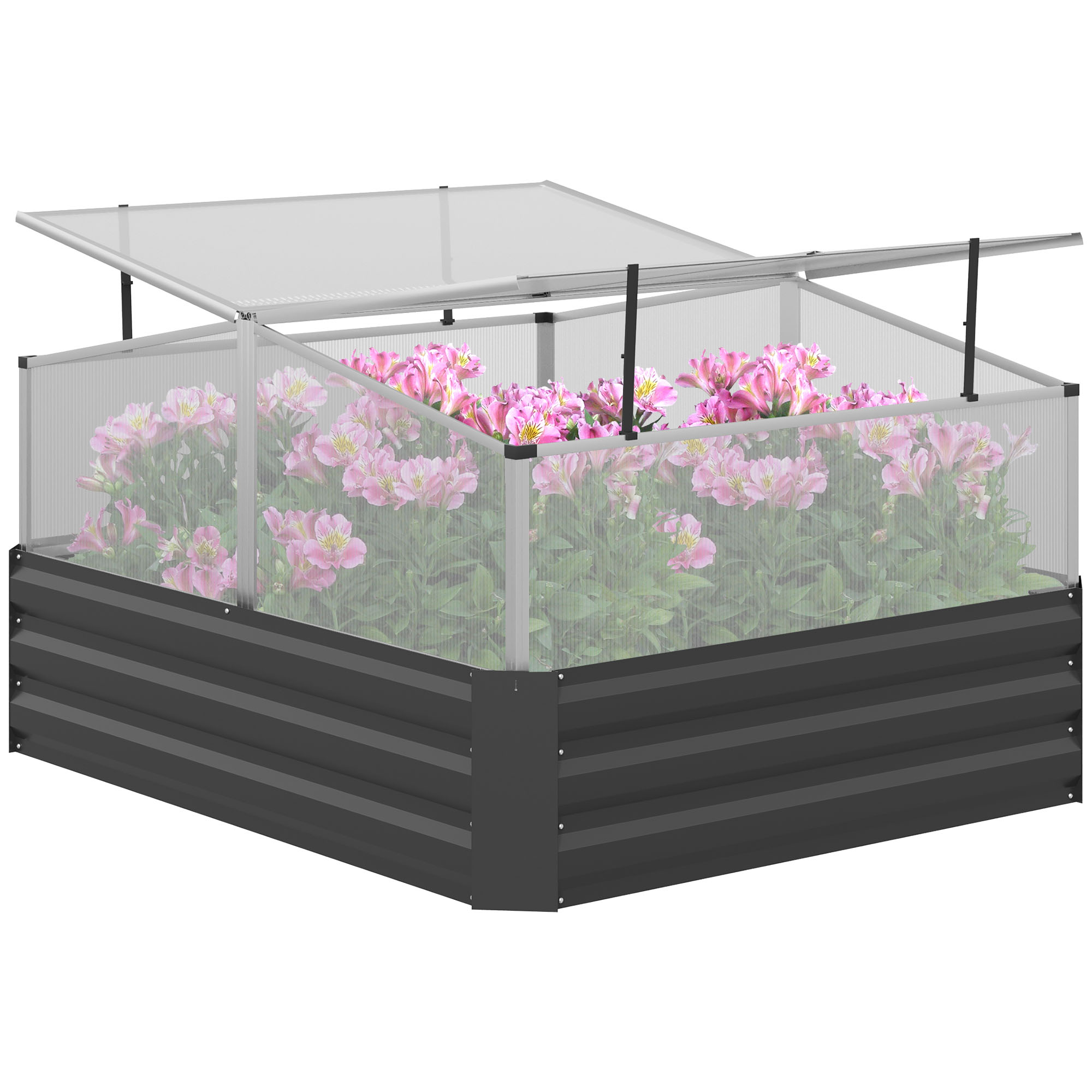 Outsuuny Galvanised Raised Garden Bed, Outdoor Planter Box with Greenhouse and Cover for Vegetables, Flowers, Dark Grey - Life Essentials