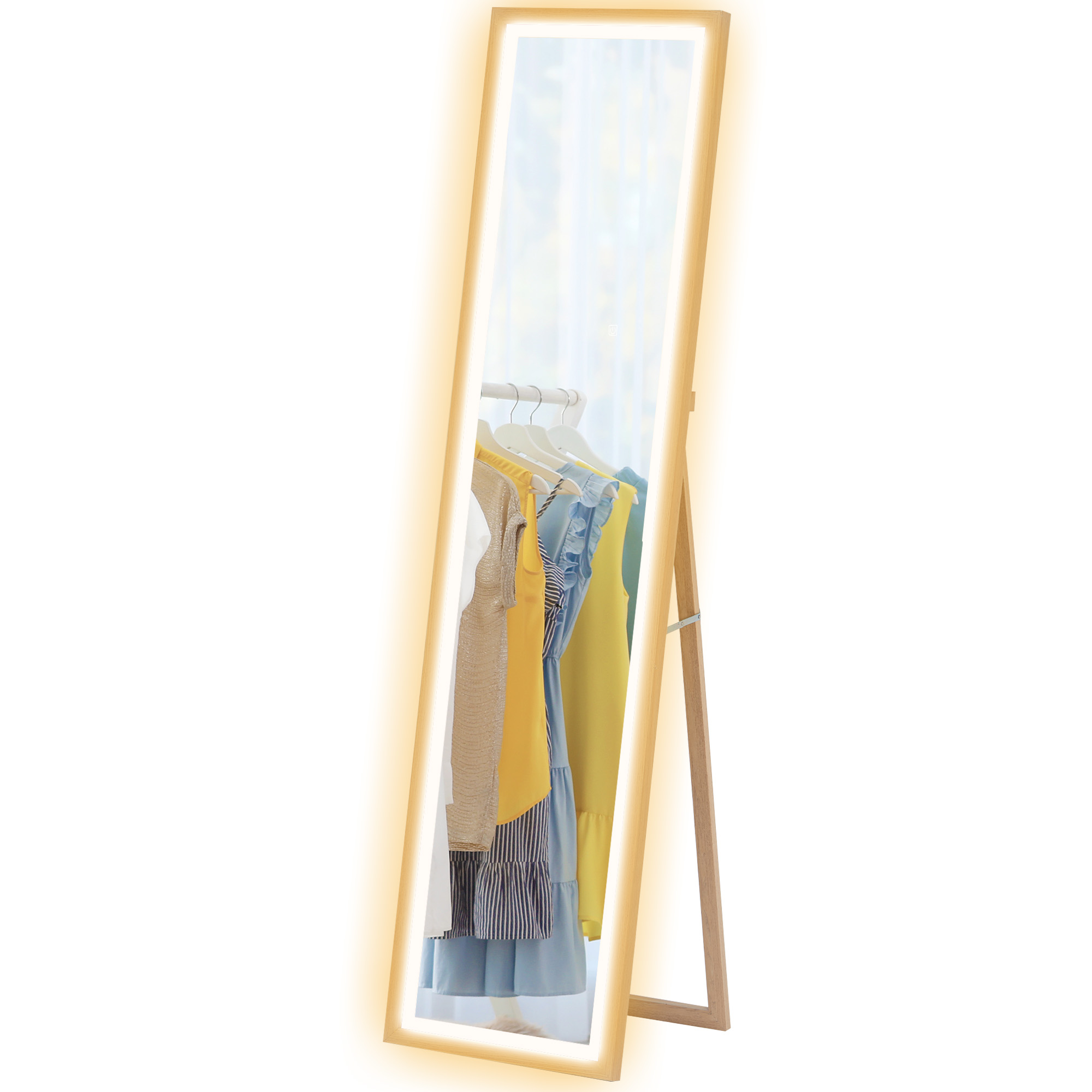 HERON Full Length Mirror, with Adjustable Outer Light, Oak - Life Essentials