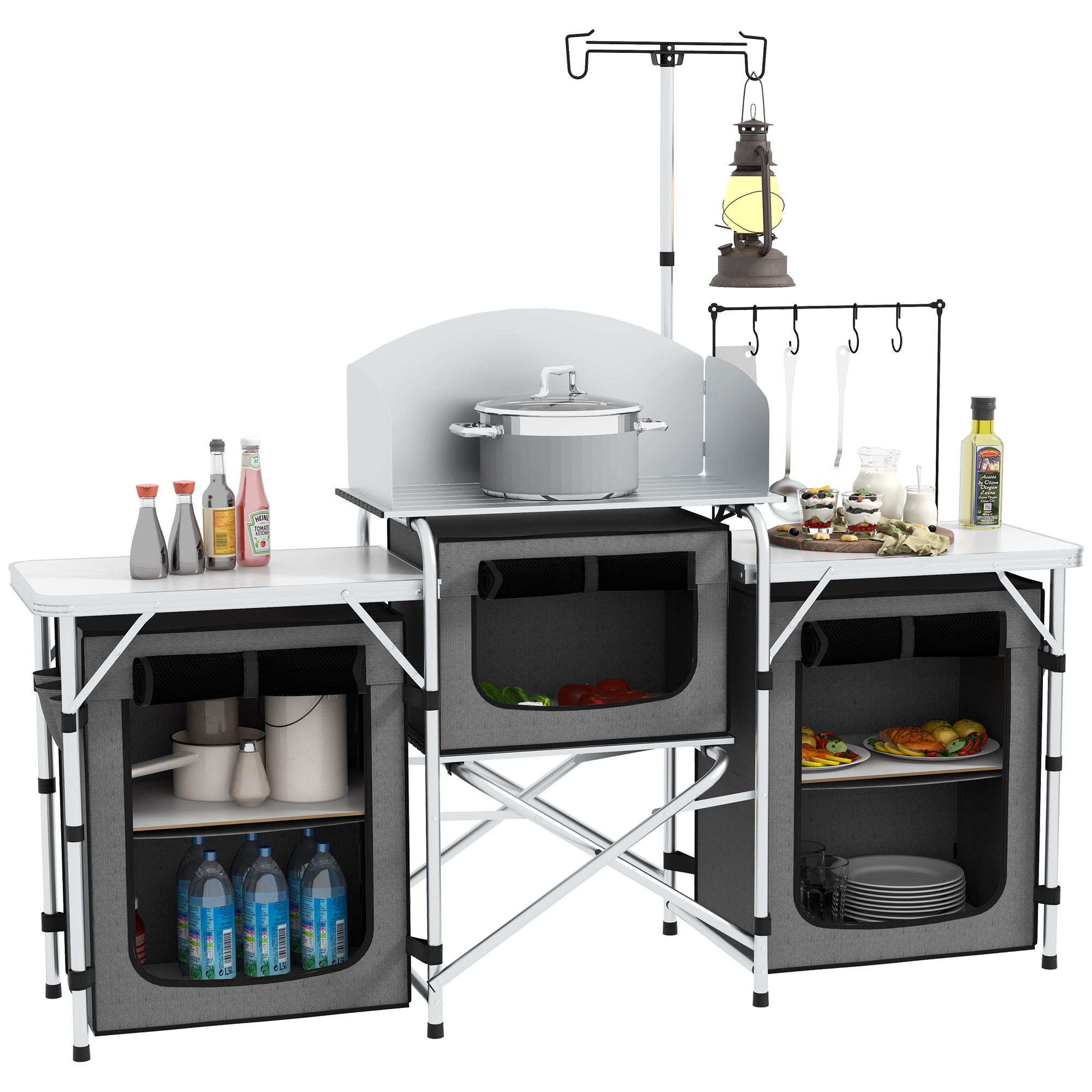 Folding Camping Kitchen, Portable Aluminium Camping Table with 3 Fabric Cupboards, Windshield, Light Stand, Carrying Bag for BBQ, RV, Picnic, Grey - 