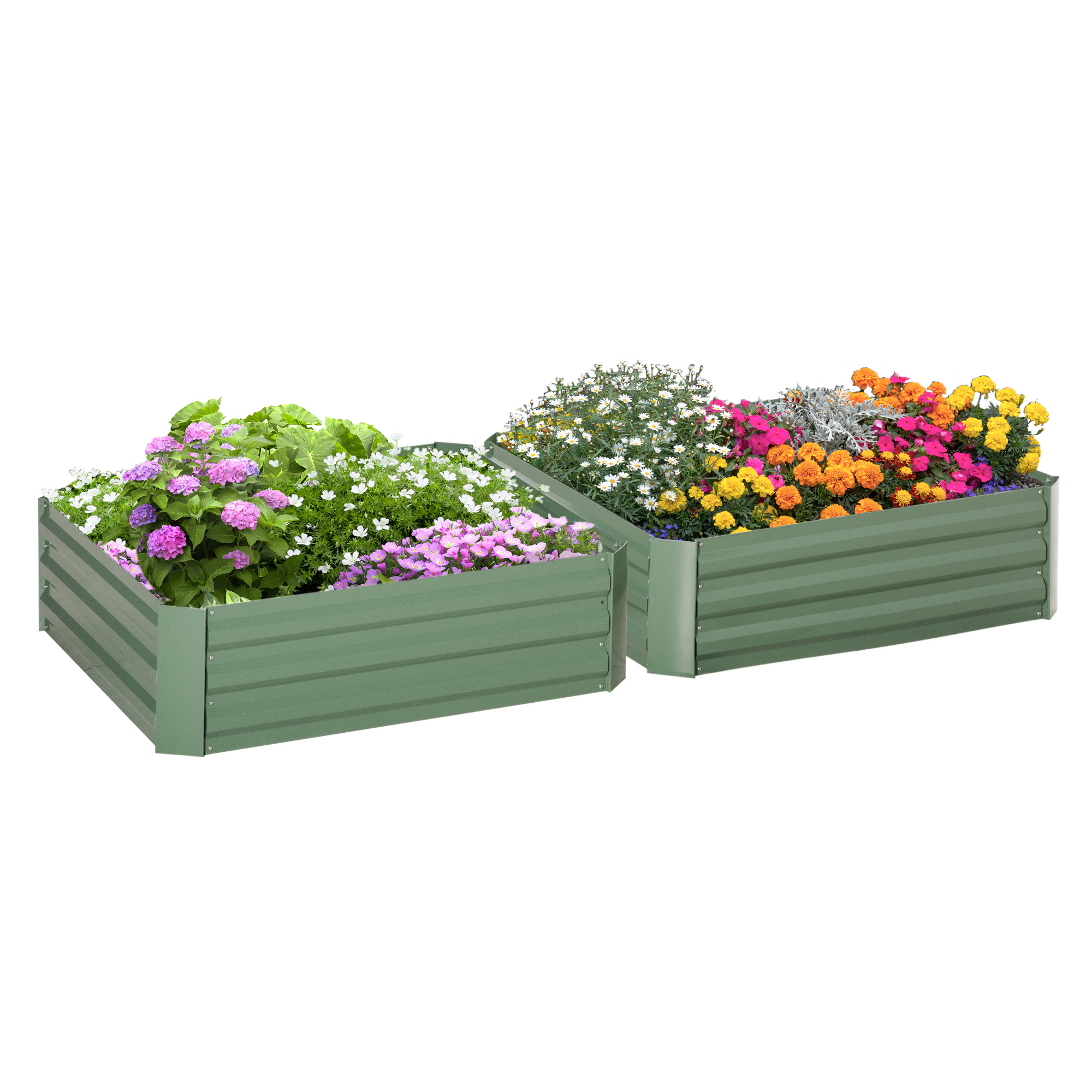 Set of 2 291L Raised Garden Bed, Elevated Galvanised Planter Box for Flowers, Herbs, 100x100x30cm, Green - Life Essentials
