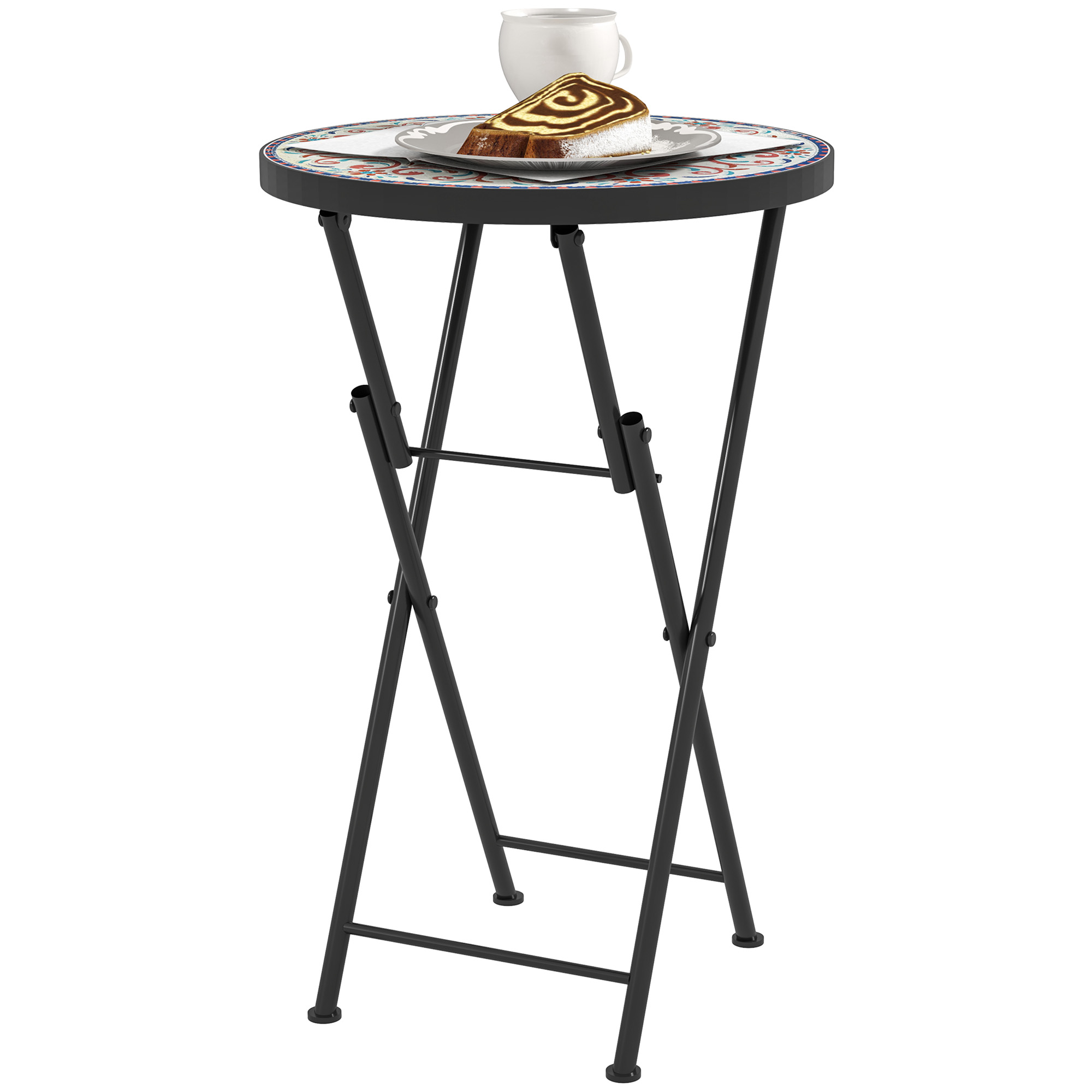 SUNVISTA Mosaic Outdoor Garden Table, 35.5cm Round Folding Coffee Table with Metal Frame for Balcony Terrace, Multicolour - Life Essentials