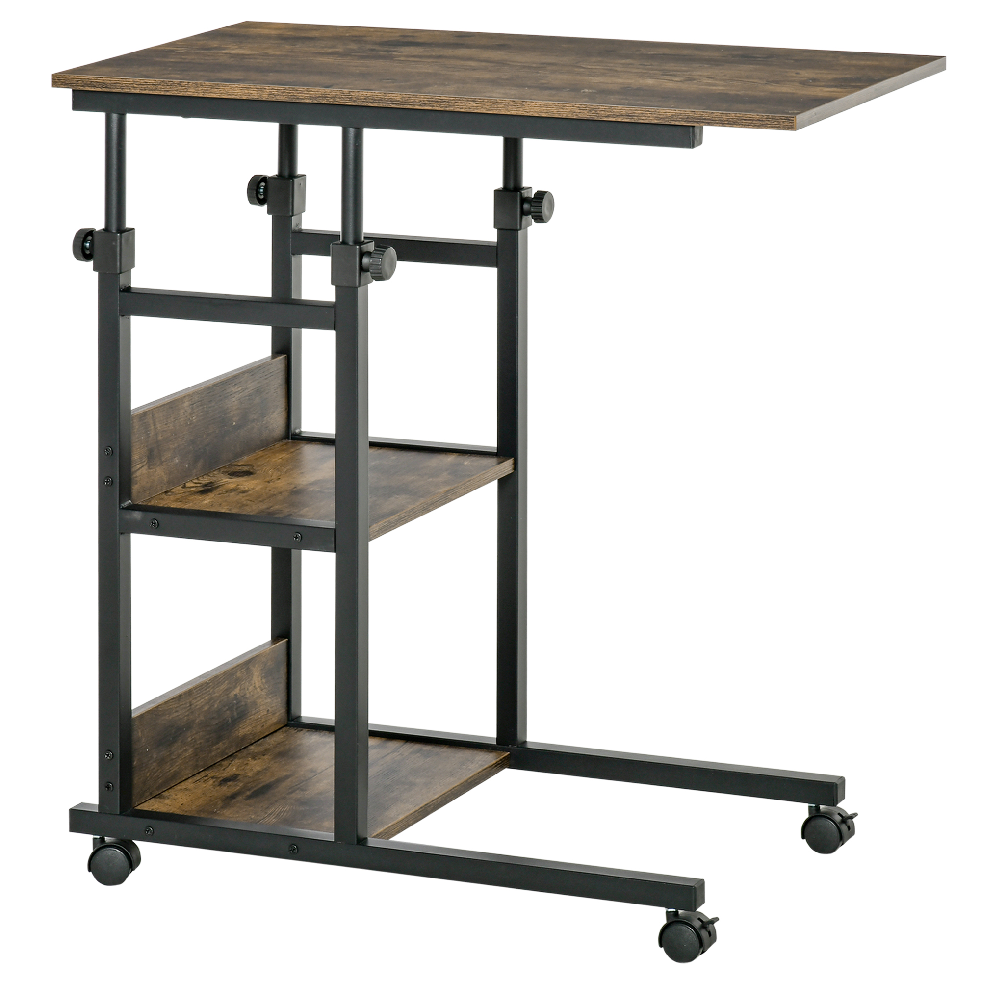 C-Shaped Side Table Industrial Mobile Rolling End Desk with 3-Tier Storage Shelving, Adjustable Height, Wheels - Life Essentials