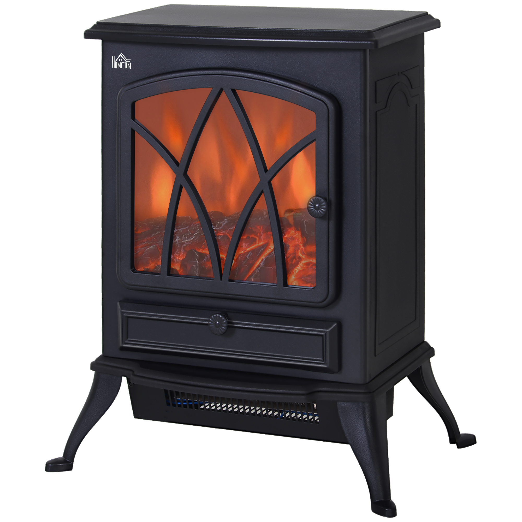 Free Standing Electric Fireplace Stove with Fan and Log Burning Flame Effect 2000W / 1000W Room Heater Wood Burner 2 Heat Settings (Black) - Life 