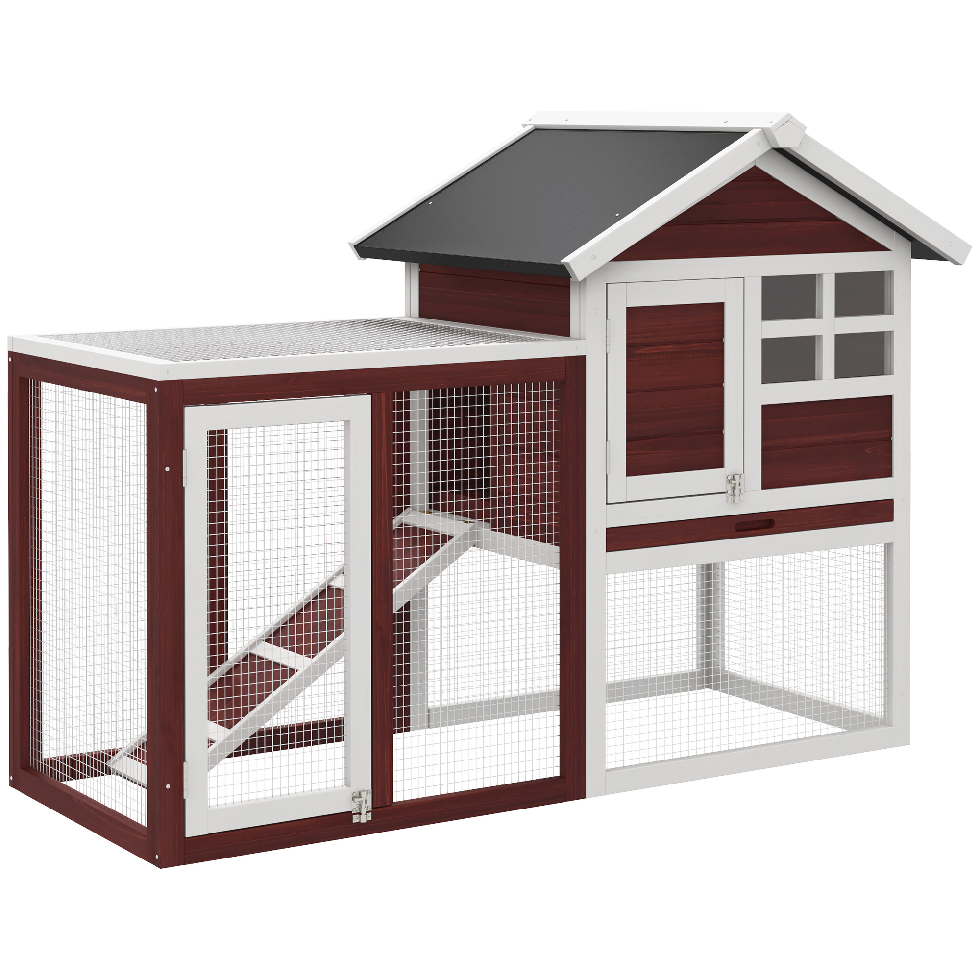 122 Wooden Rabbit Hutch Bunny Cage with Waterproof Asphalt Roof, Fun Outdoor Run, Removable Tray and Ramp, Brown - Life Essentials