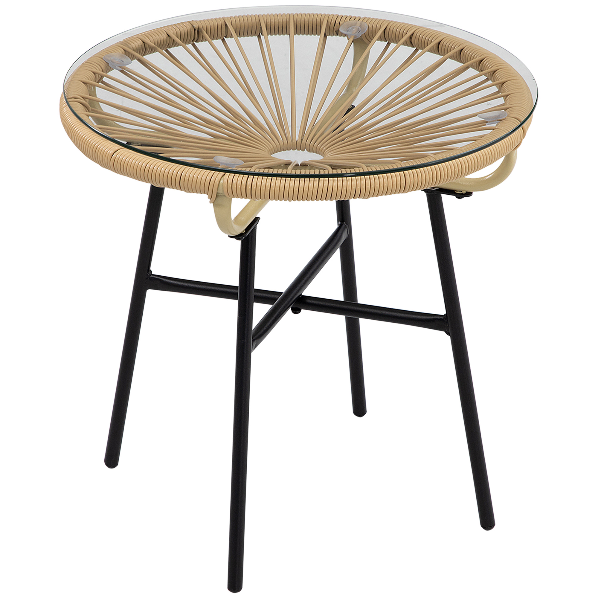 Rattan Side Table, Round Outdoor Coffee Table, with Round PE Rattan and Tempered Glass Table Top for Patio, Garden, Balcony, Black - Life Essentials