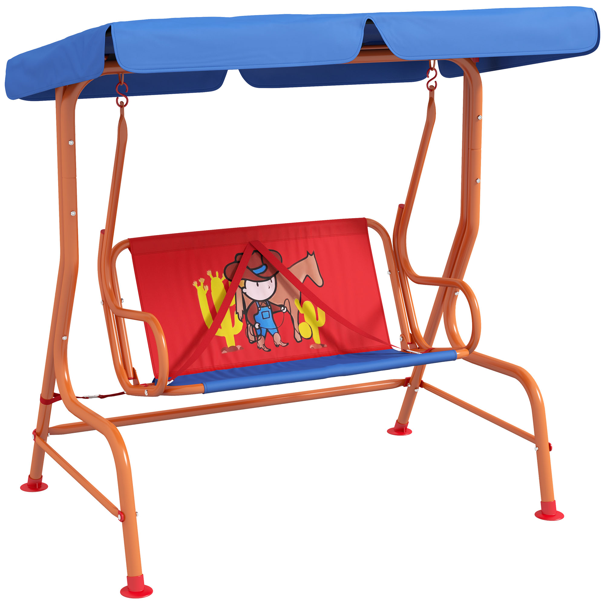 Two Seater Kids Garden Swing, Cowboy Themed kids Swing Chair with Adjustable Canopy, Safety Belts for Outdoor Use - Life Essentials