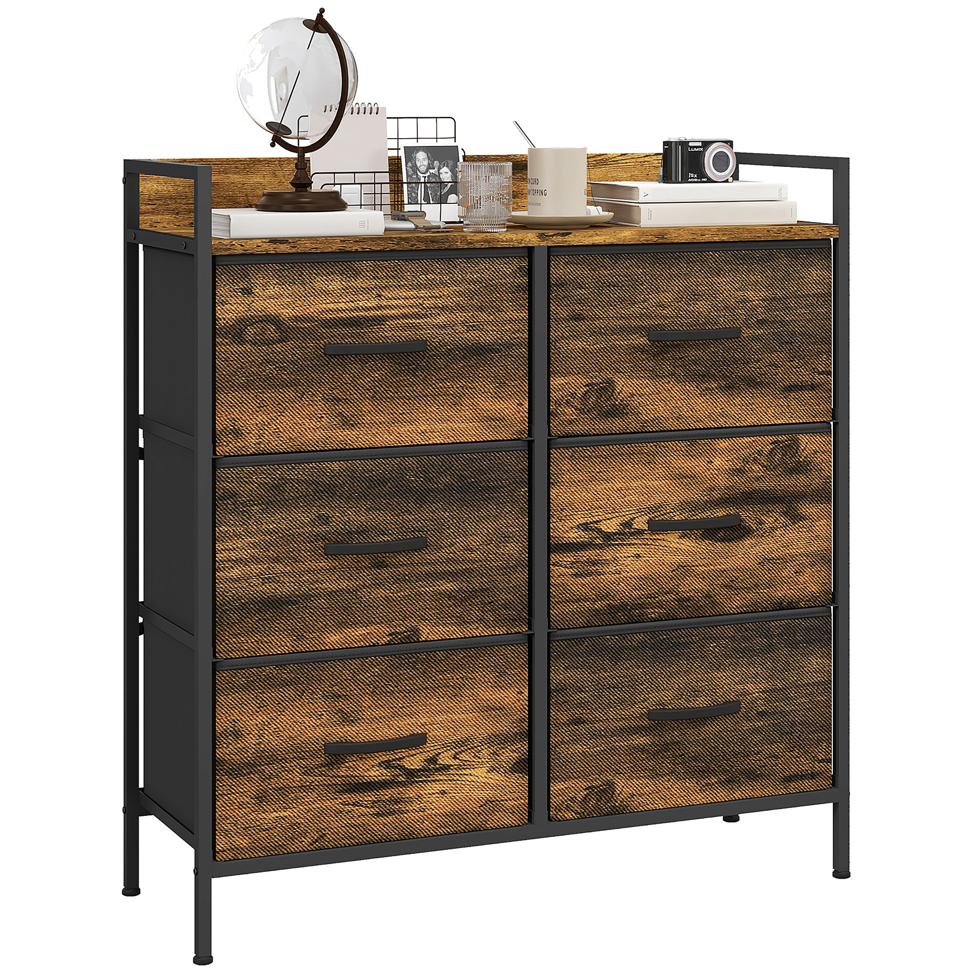 WENZA Oak Finish Chest of Drawers - Medium-sized, 6 Drawers, Double, Fabric - Life Essentials
