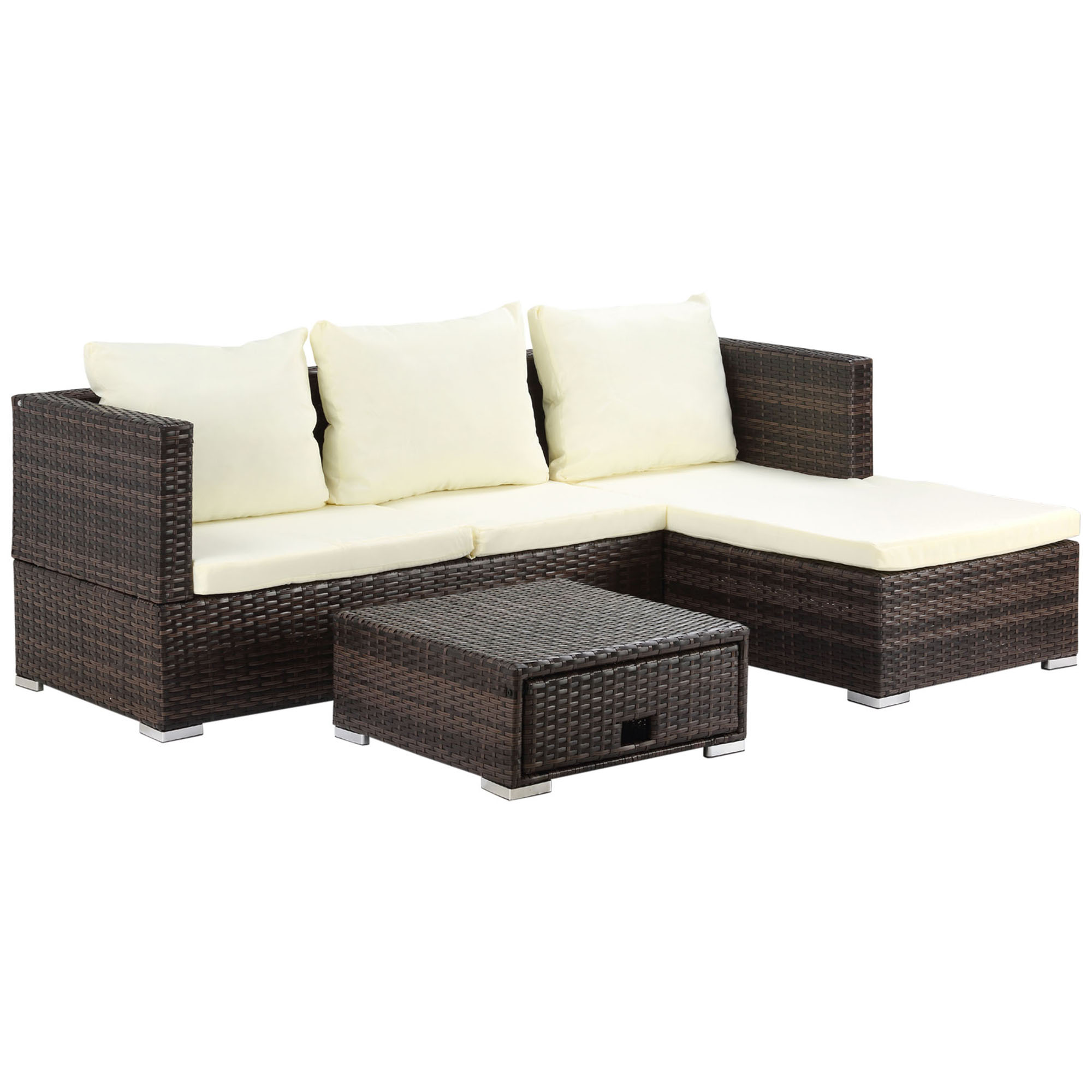 3PC Rattan Garden Furniture Storage Sofa Set 4 Seater Wicker Coffee Table Conservatory Sun Lounger Outdoor Weave with Cushion Brown - Life Essentials