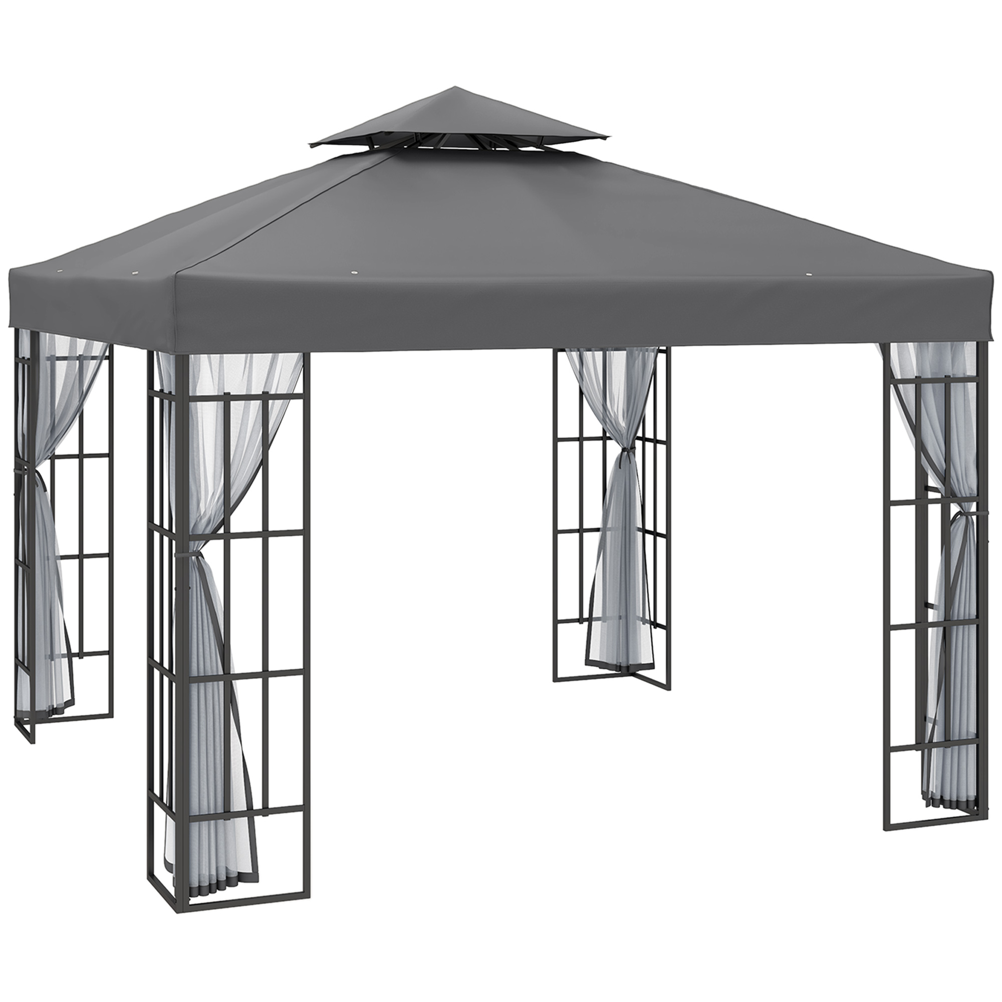 3 x 3(m) Patio Gazebo Canopy Garden Pavilion Tent Shelter with 2 Tier Roof and Mosquito Netting, Steel Frame, Grey - Life Essentials