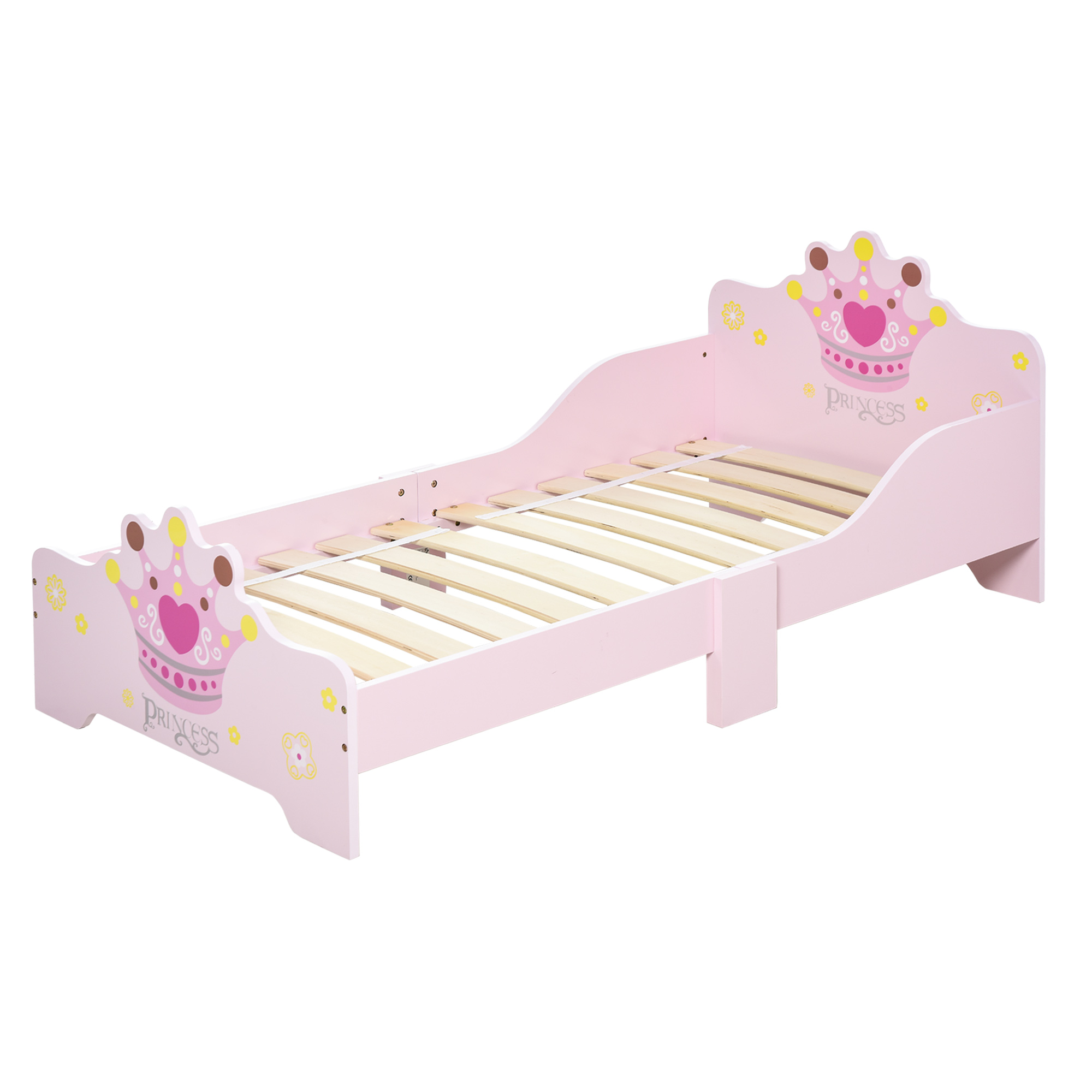 Kids Wooden Bed with Crown Modeling Safety Side Rails Easy to Clean Perfect Gift for Toddlers Girls Age 3 to 6 Years Old Pink - Life Essentials