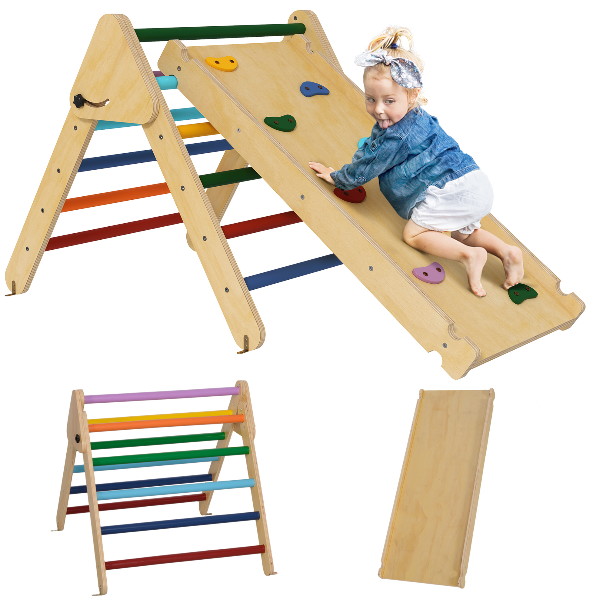 AIVAGO Toddler Climbing Frame for Kids with Ramp, 3 in 1 Wooden Pikler Triangle Set for 18-48 Months, Multicolour - Life Essentials