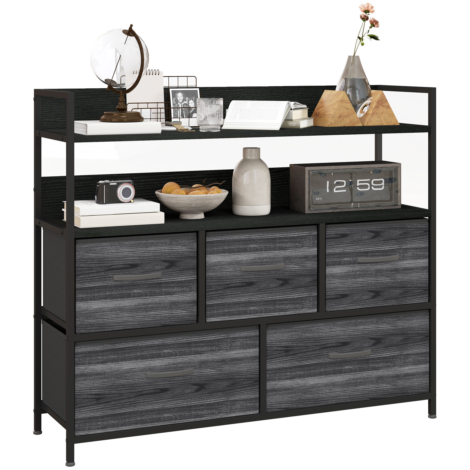 WENZA Black Chest of Drawers - Medium-sized, 5 Drawers, Double, Fabric Drawers - Life Essentials