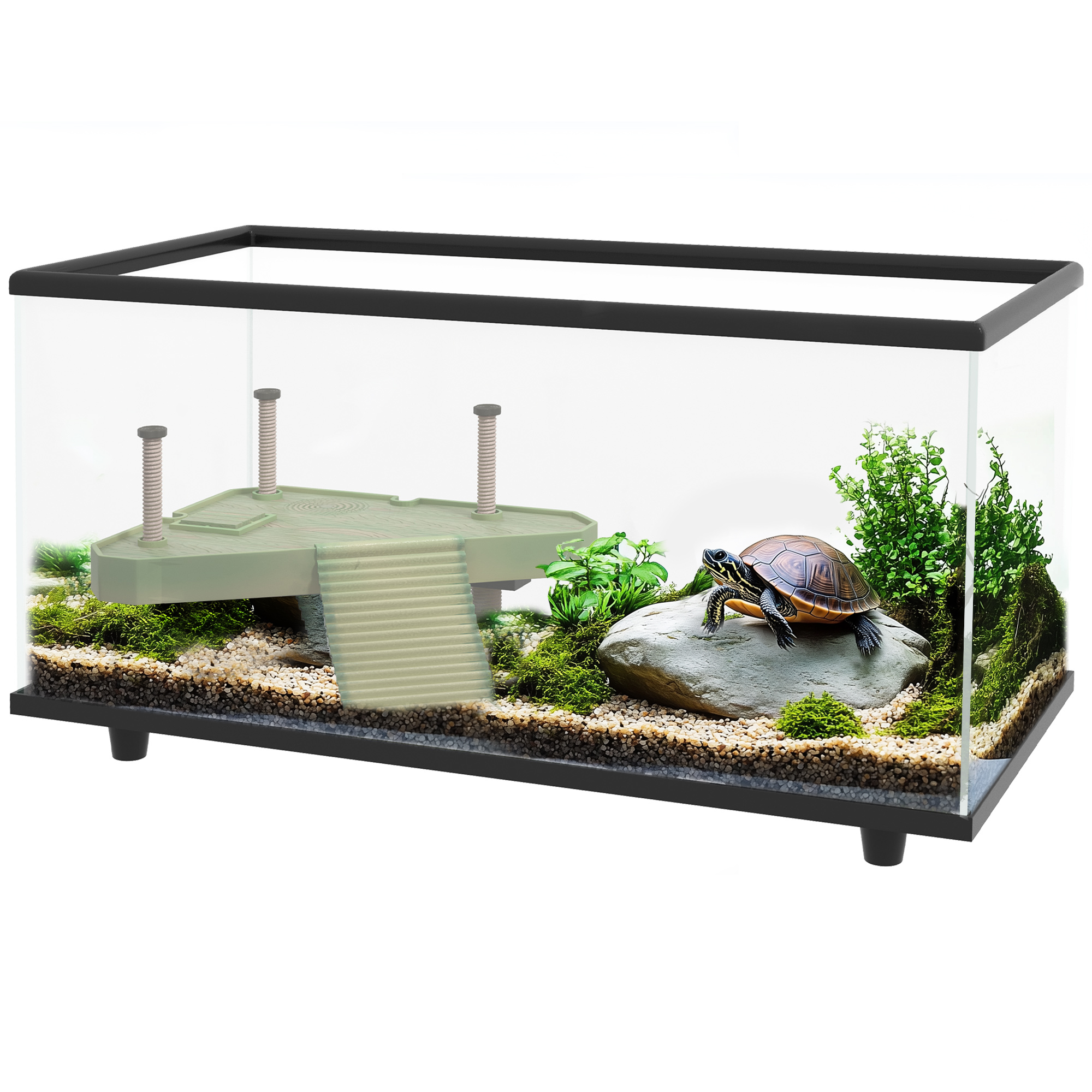 Shelley 50L Glass Turtle Tank Aquarium with Basking Platform Easy Drain - Black - Life Essentials