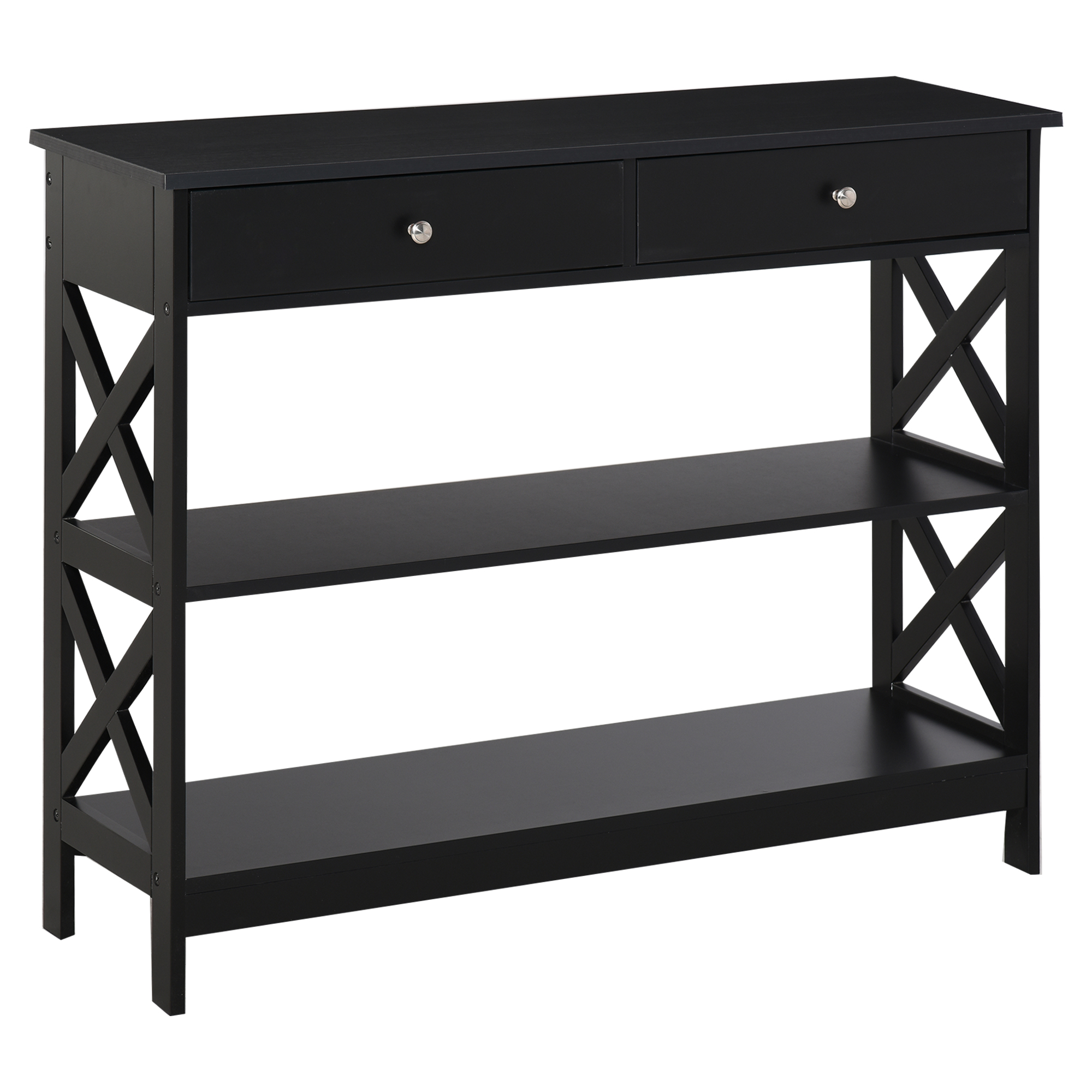 Console Table Side Desk w/ Shelves Drawers Open Top X Support Frame Living Room Hallway Home Office Furniture Black - Life Essentials