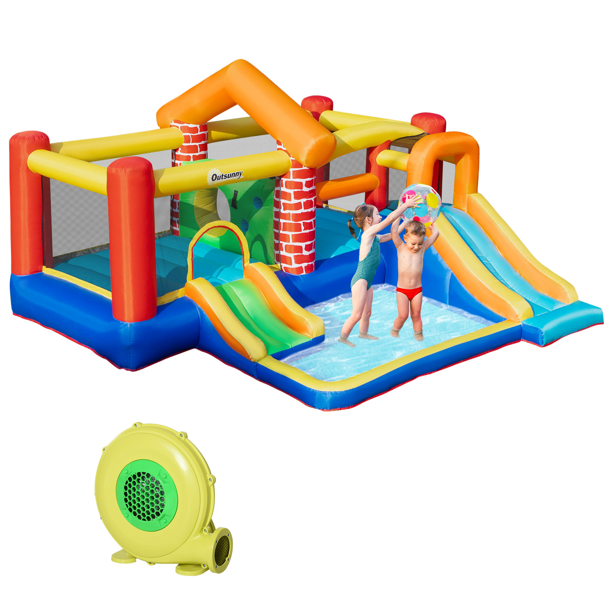 4 in 1 Kids Bounce Castle Extra Large Double Slides & Trampoline Design Inflatable House Pool Climbing Wall for Kids Age 3-8, 3.8x3.7x2.3m - Life 