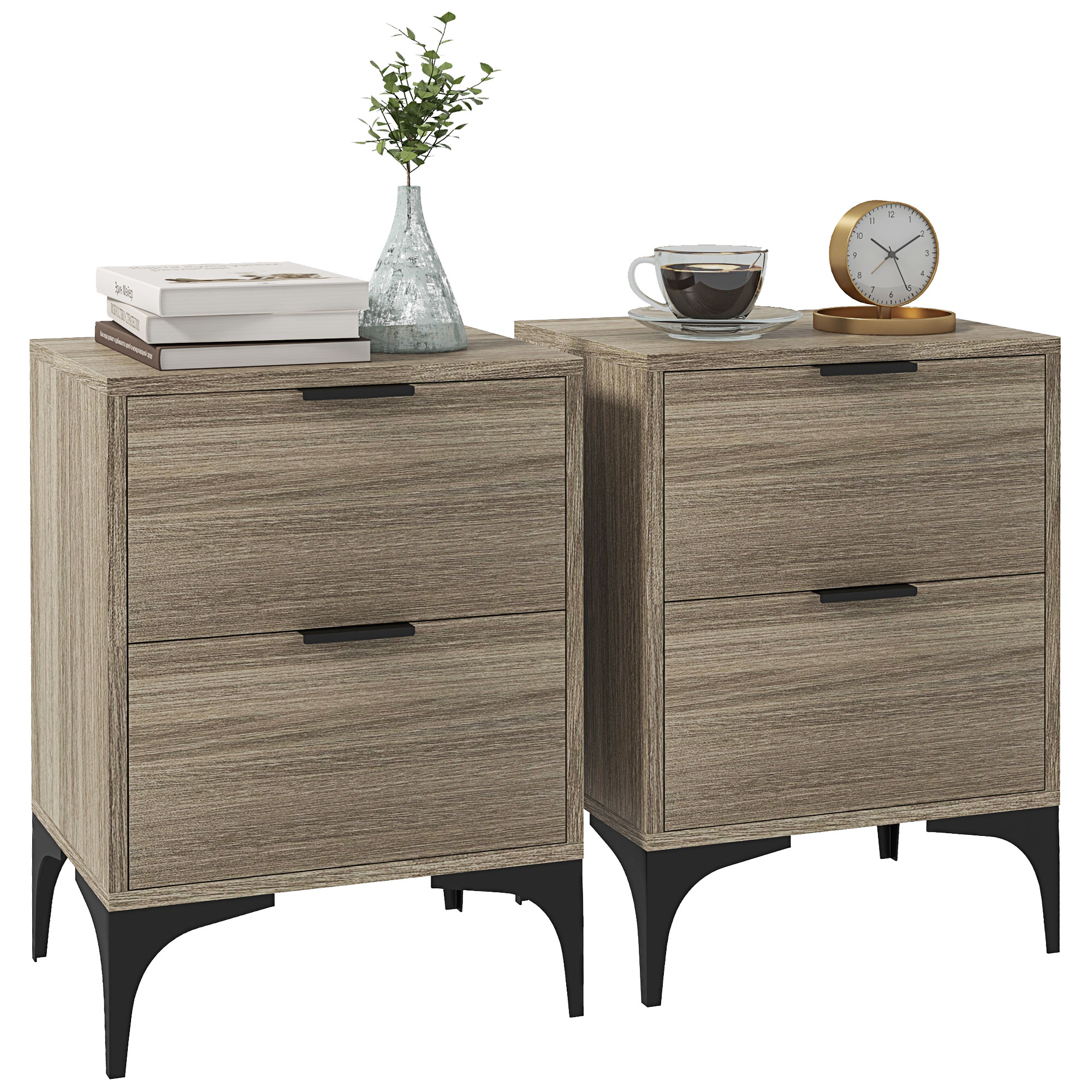 Scott Solid Steel Legs Set of 2 Bedside Tables with 2 Drawers - Grey - Life Essentials