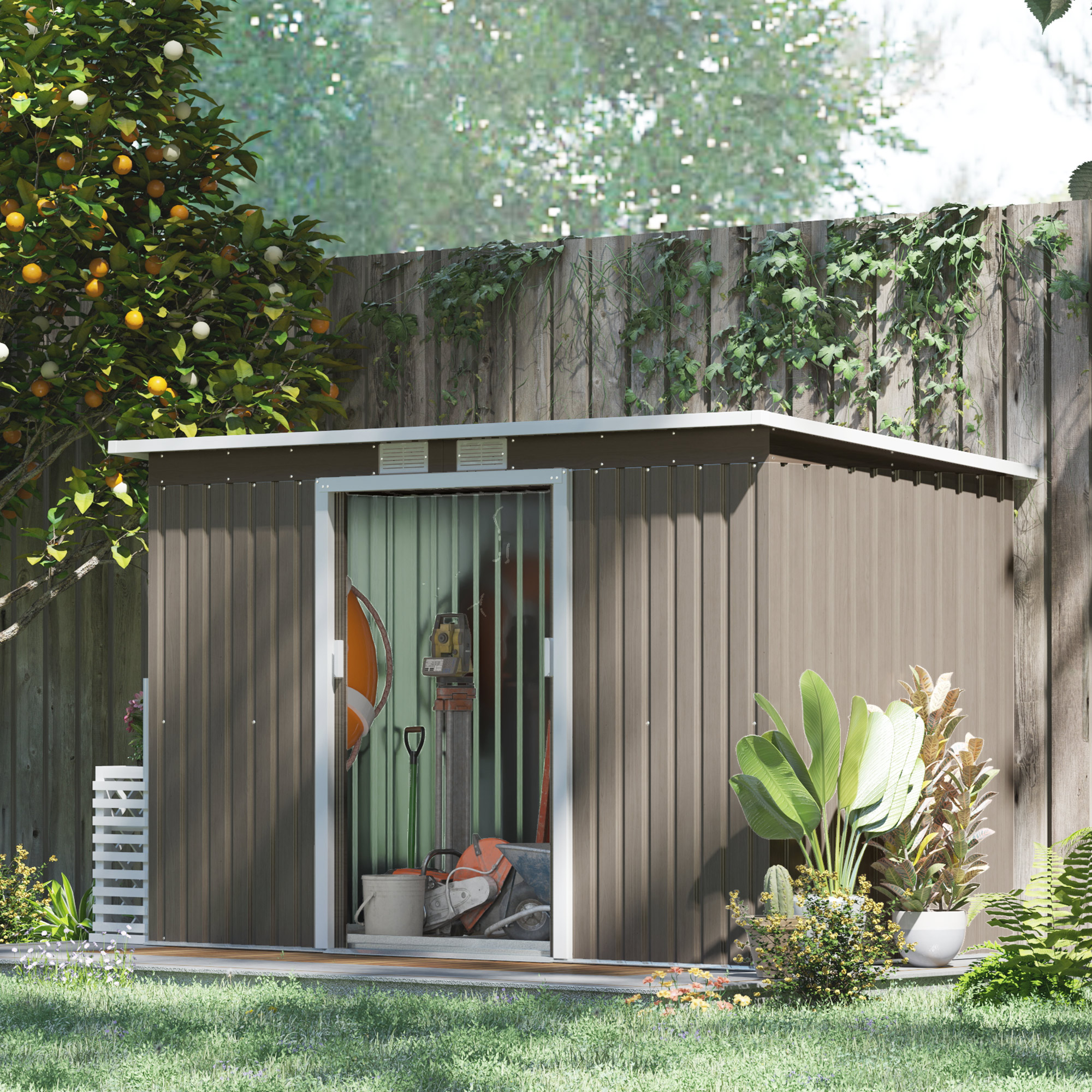 SUNVISTA 9ft x 4ft Metal Garden Shed, Outdoor Tool House with Foundation Kit, Ventilations and Double Doors, Light Grey Wood Grain - Life Essentials