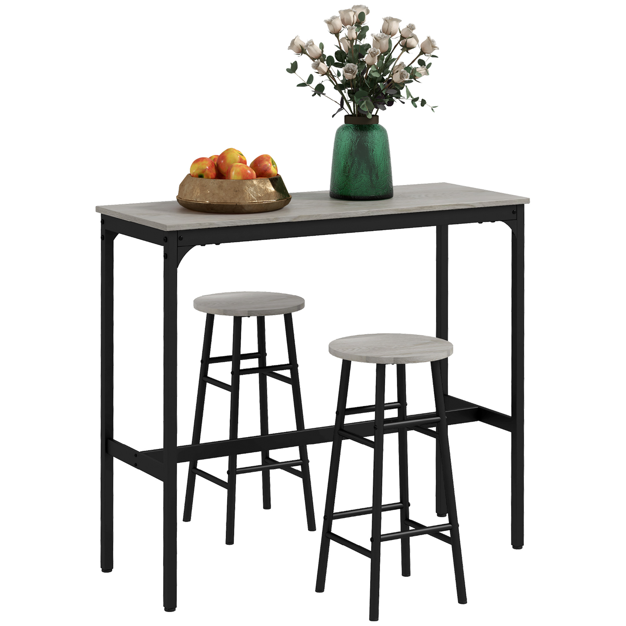 3 Piece Bar Table Set with 2 Stools, Industrial Bar Table and Stool Set, Dining Table and Chair Set for Small Space, Grey - Life Essentials