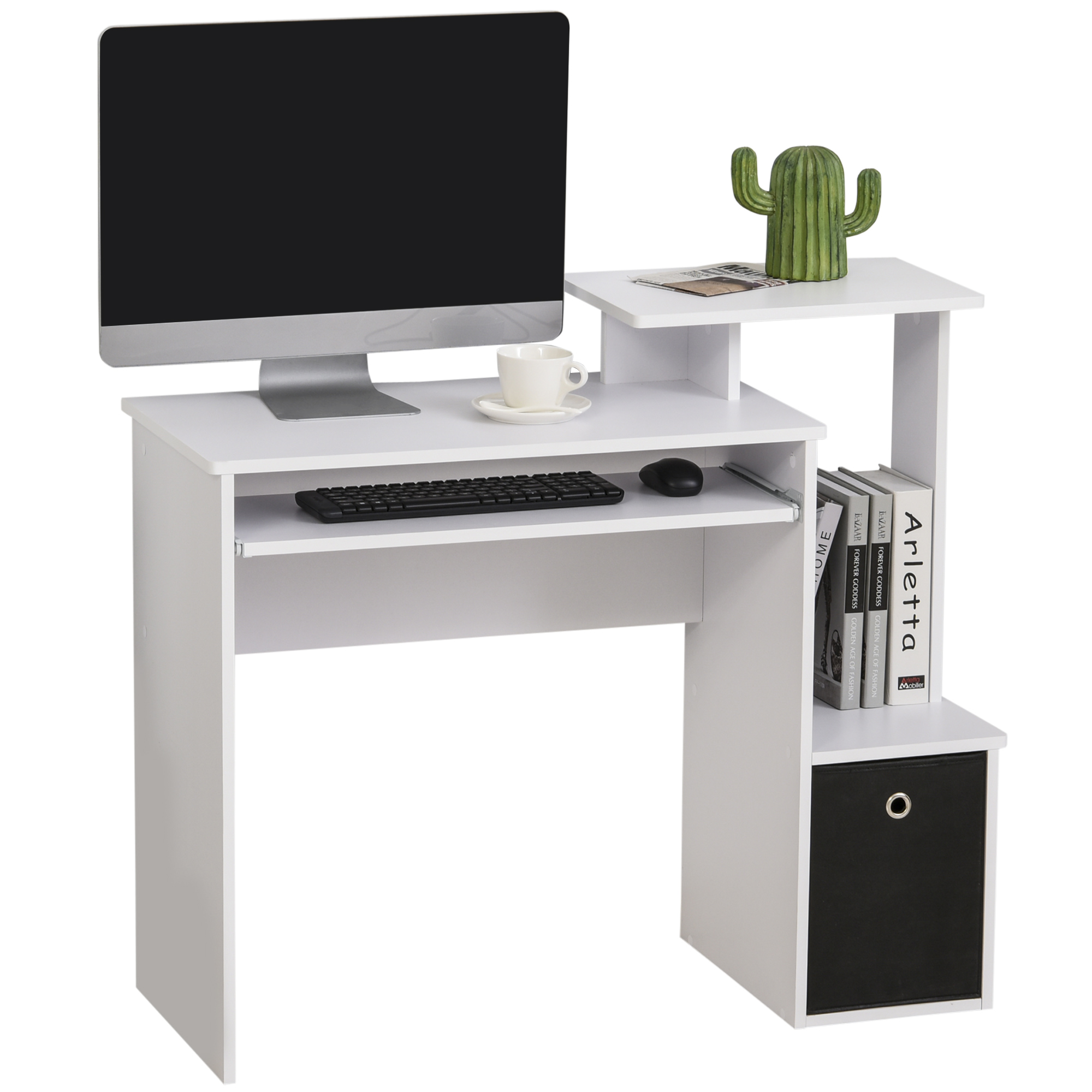 Compact Small Computer PC Desk with Sliding Keyboard Tray Storage Drawer Shelf Home Office Workstation Gaming Study White - Life Essentials