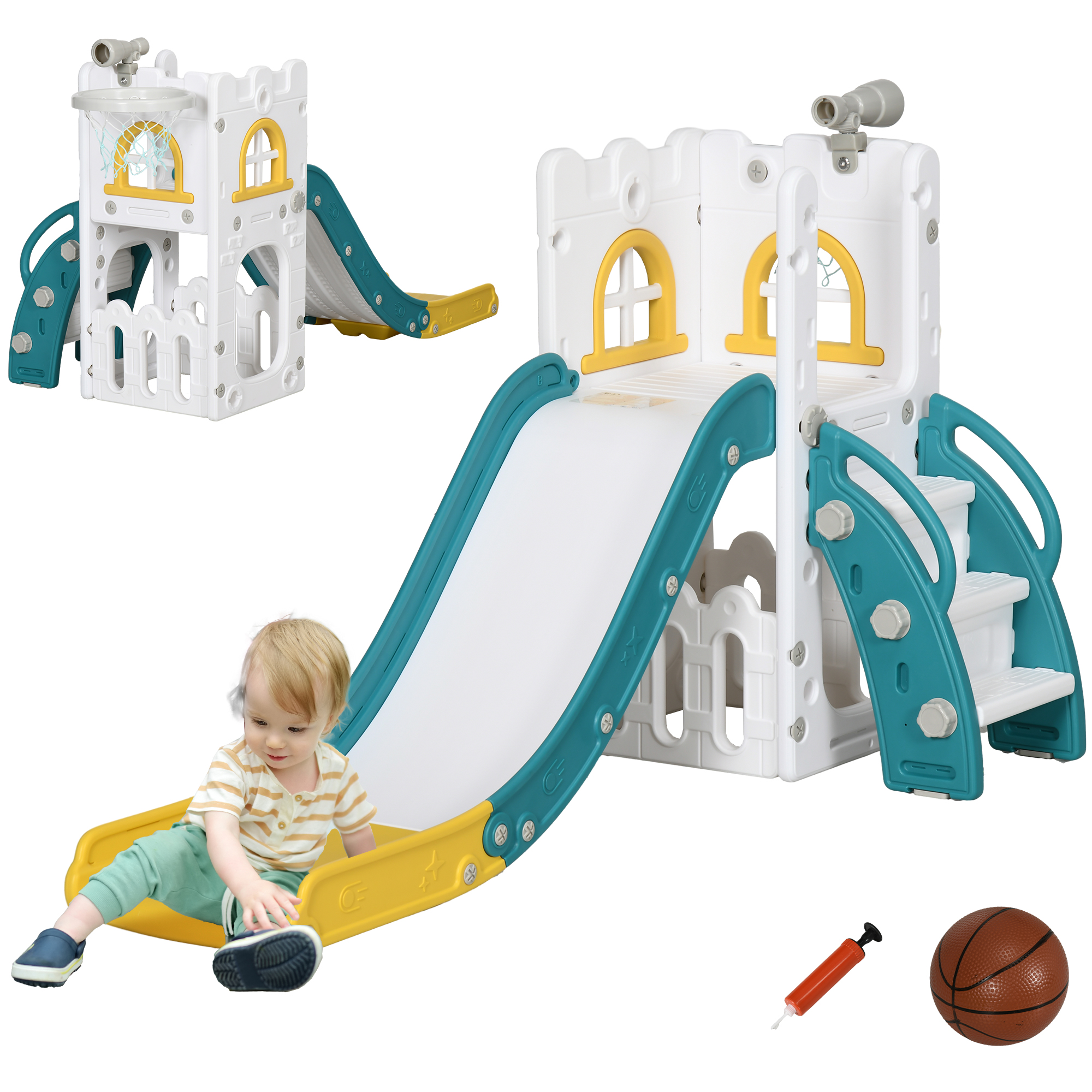 Kids Play Set - Toddler Slide with Basketball Hoop for Ages 1-3 Yellow 177cm - Life Essentials