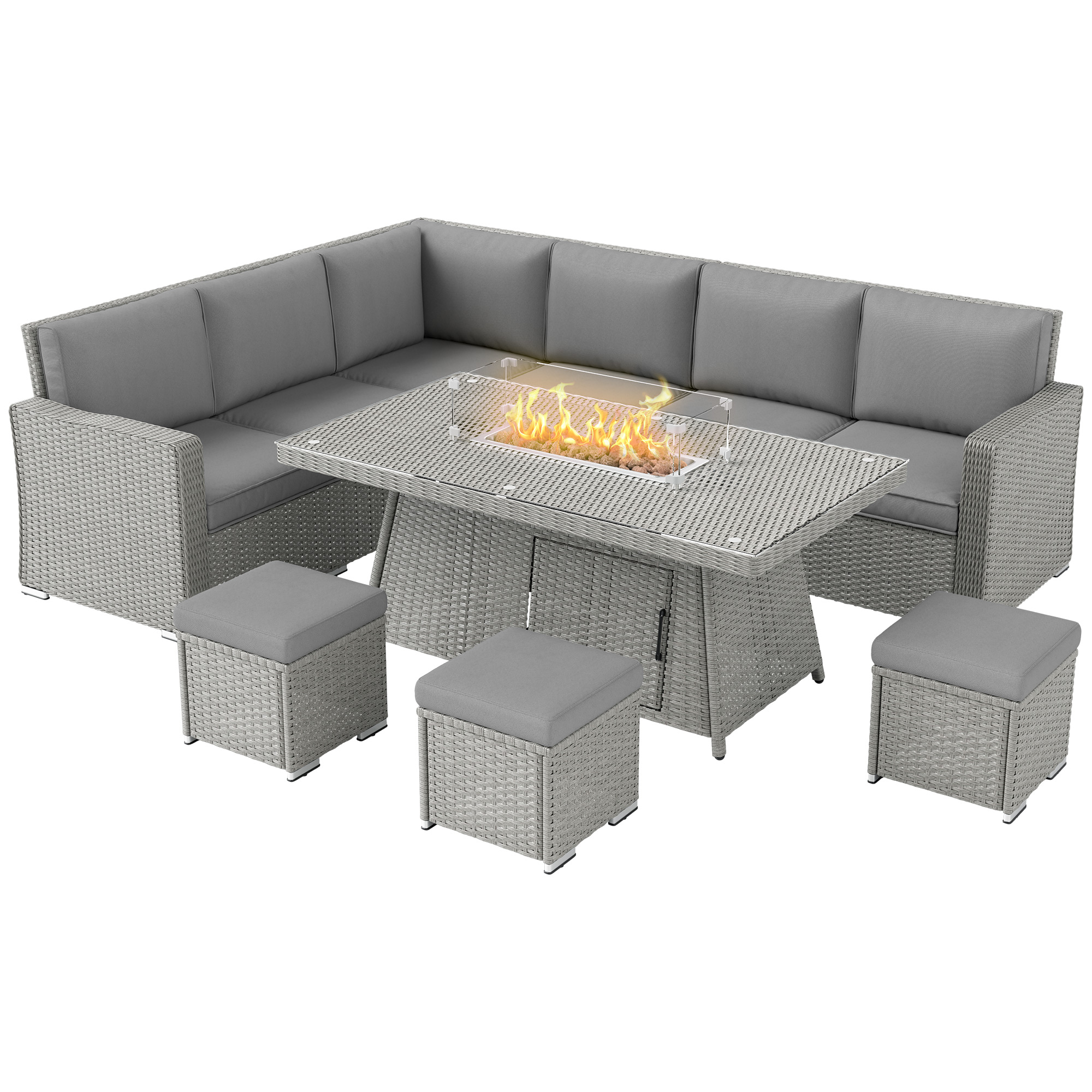 SUNVISTA Seven-Piece Firepit Table Rattan Sofa Set - Grey - Life Essentials