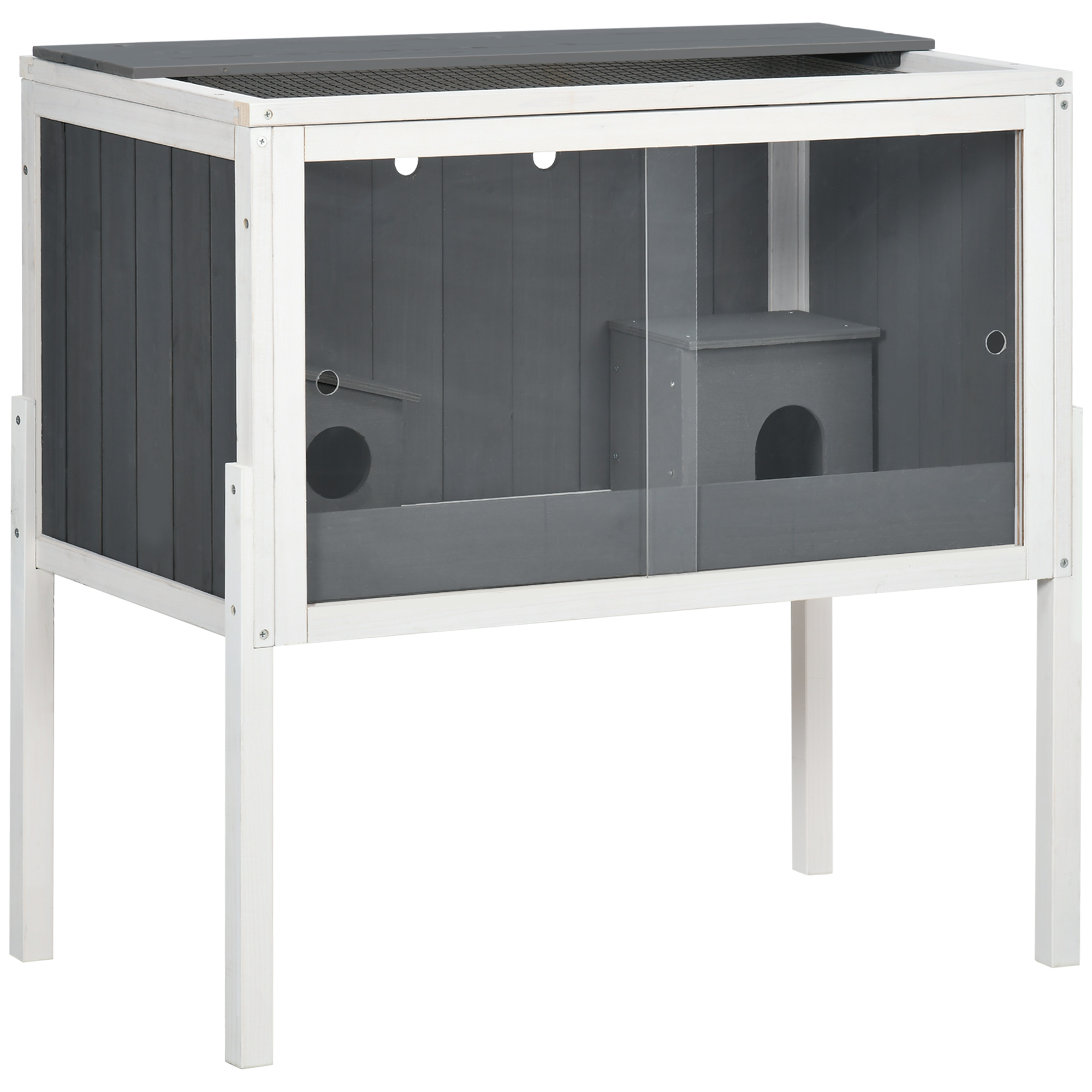 Wooden Hamster Cage with Shelf, Small Animal Hutch for Dwarf Hamsters, Gerbils, Rutin Chickens, with Huts, 82 x 45 x 81 cm, Dark Grey - Life 