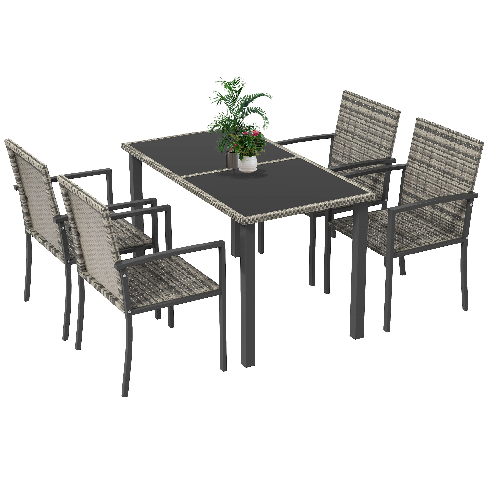 Outdoor Dining Set 5 Pieces Patio Conservatory with Tempered Glass Tabletop,4 Dining Chairs - Mixed Grey - Life Essentials