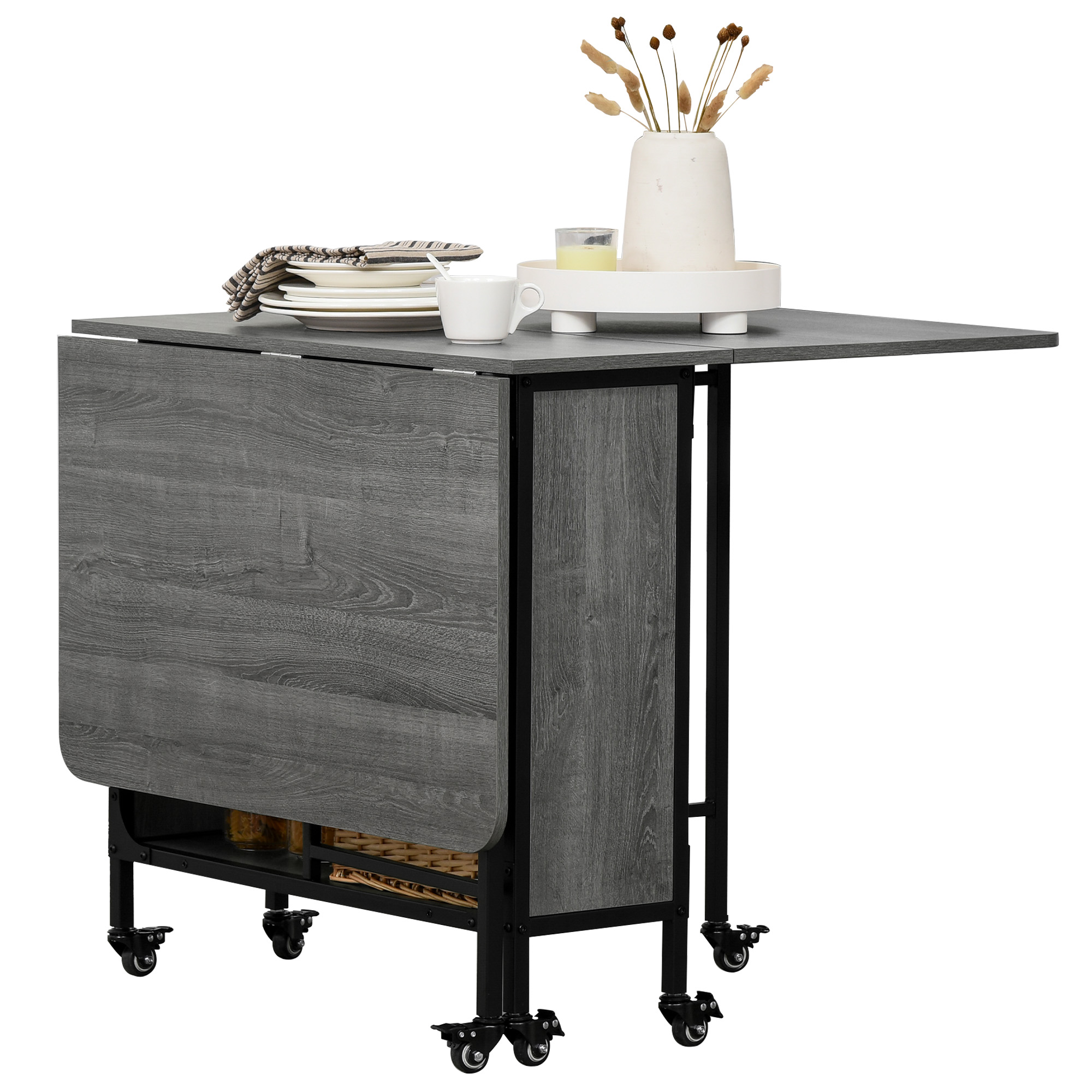 Mobile Drop Leaf Table Folding Kitchen Table Extendable Dining Table For Small Spaces With 6 Wheels & Storage Shelf - Life Essentials