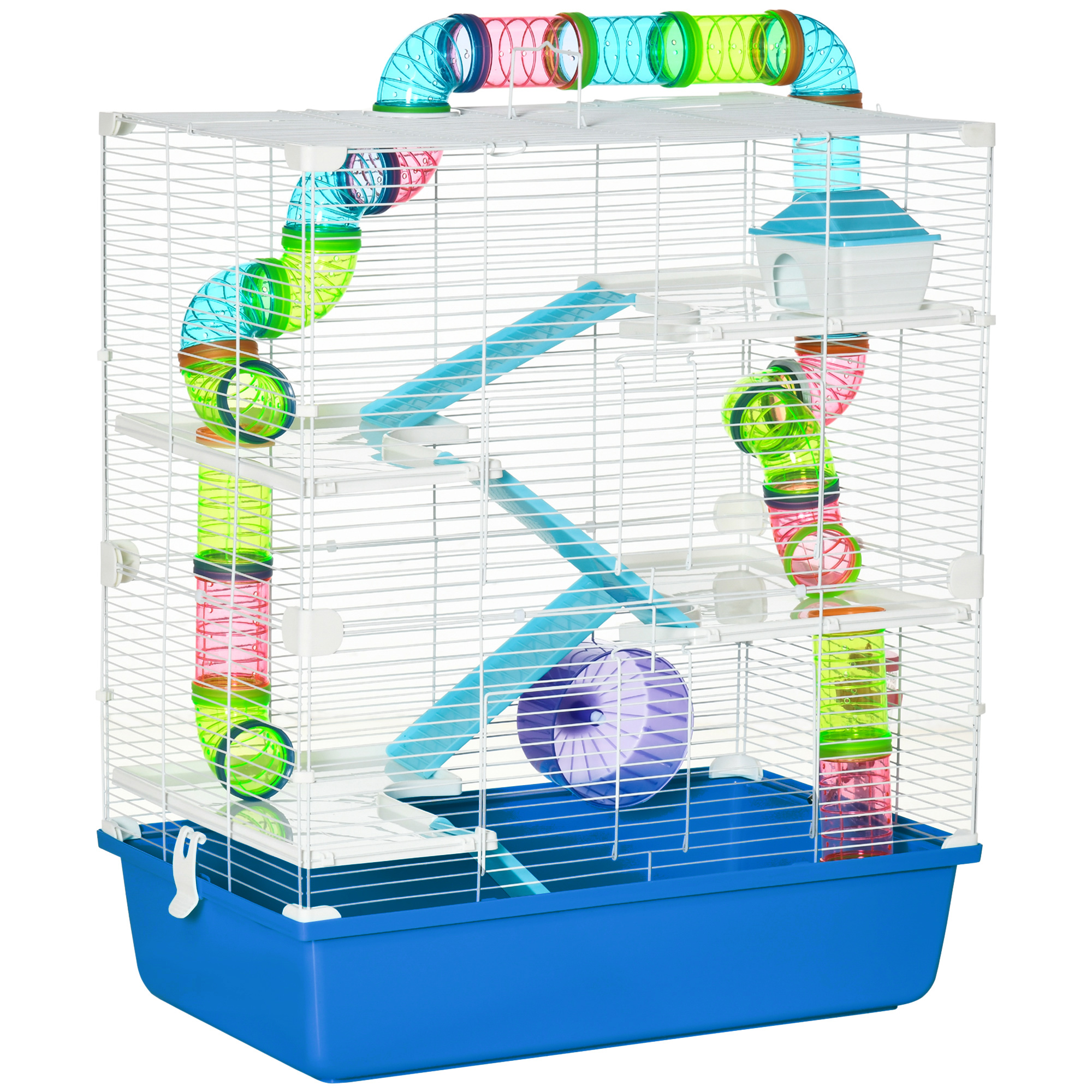 Large Hamster Cage, 5-Level Gerbil Haven, Small Rodent House, Tunnel Tube System, with Water Bottle, Exercise Wheel, Ramps, 59x36x 69 cm Blue - Life 