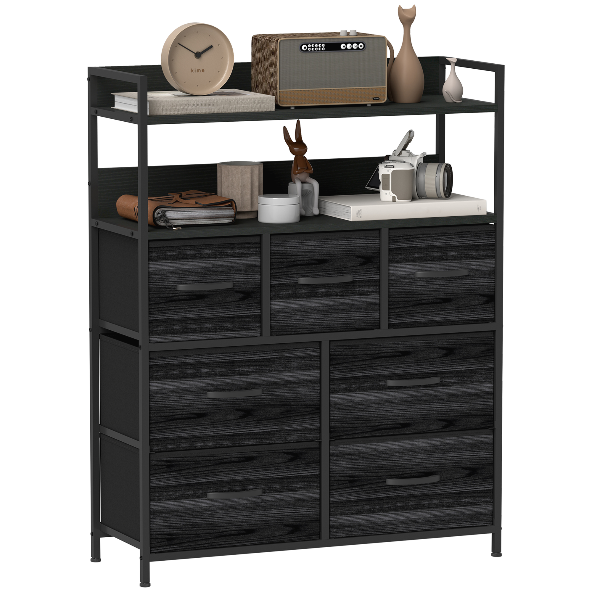 WENZA Black Chest of Drawers - Medium-sized, 7 Drawers, Double, Fabric Drawers - Life Essentials