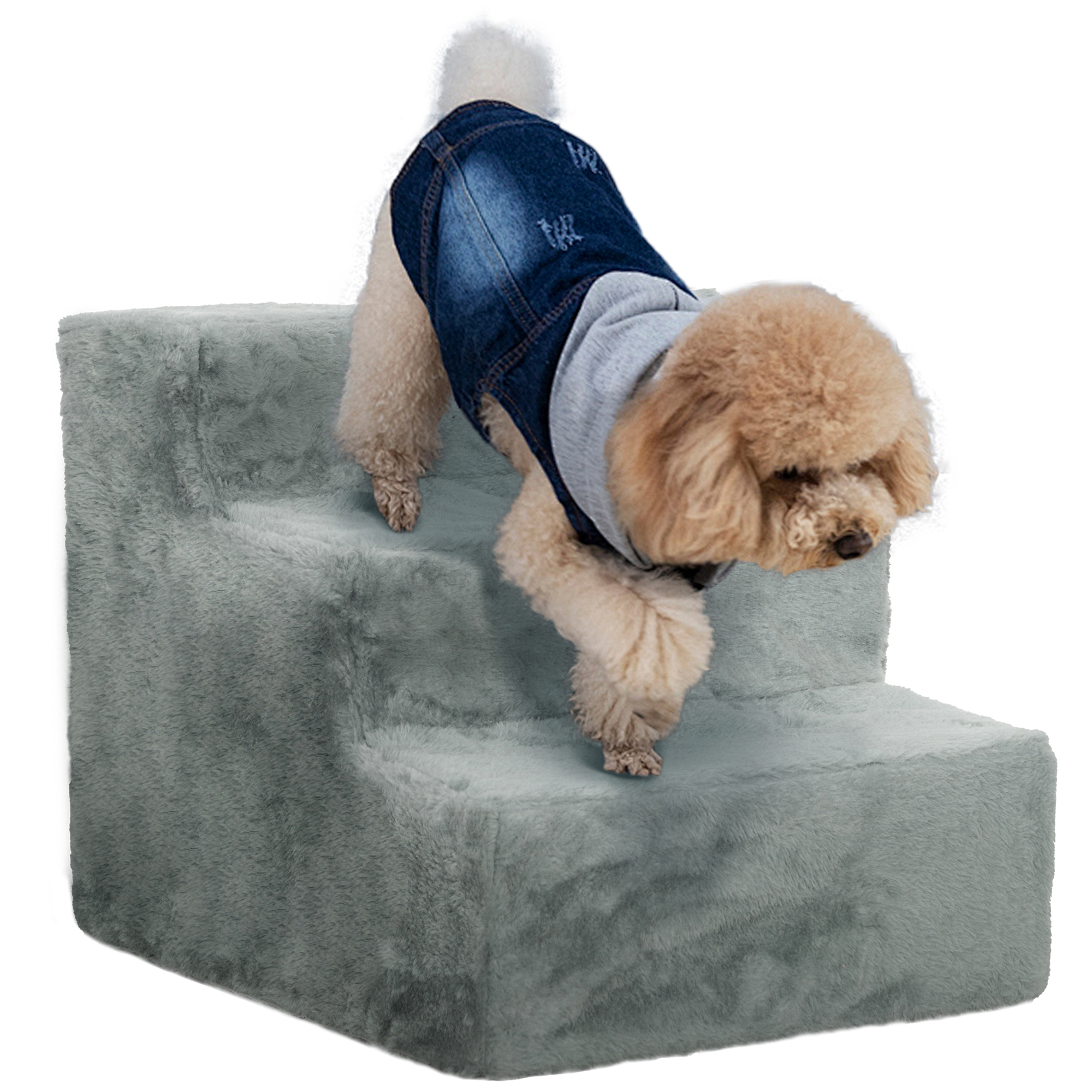 PAWSTER Three-Step Dog Stairs, with Washable Plush Cover, for High Bed Sofa, Dog Stairs for Small Dog and Cat - Light Grey - Life Essentials
