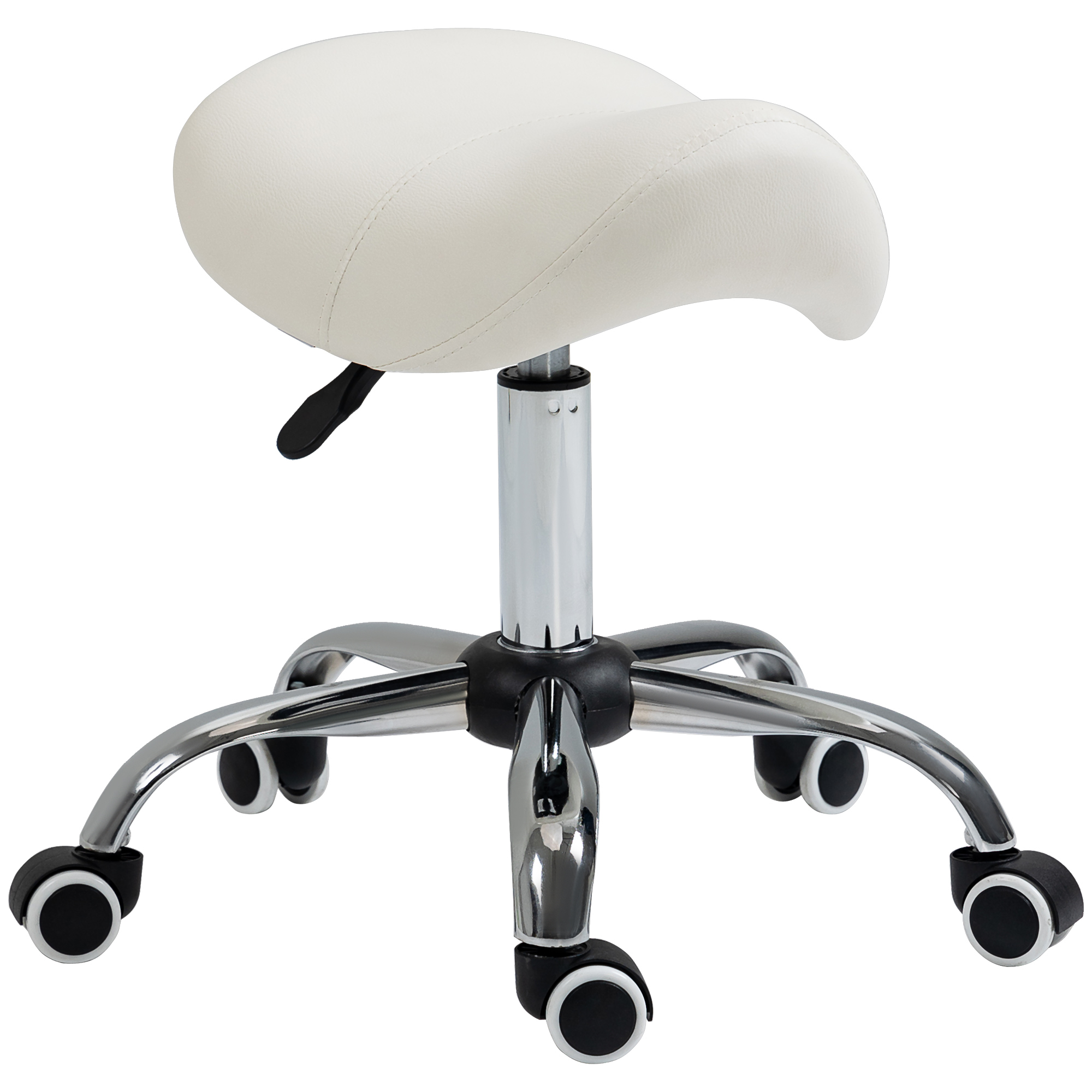 Cosmetic Stool 360° Rotate Height Adjustable Salon Massage Spa Chair Hydraulic Rolling Faux Leather Saddle Stool, Cream - Life Essentials