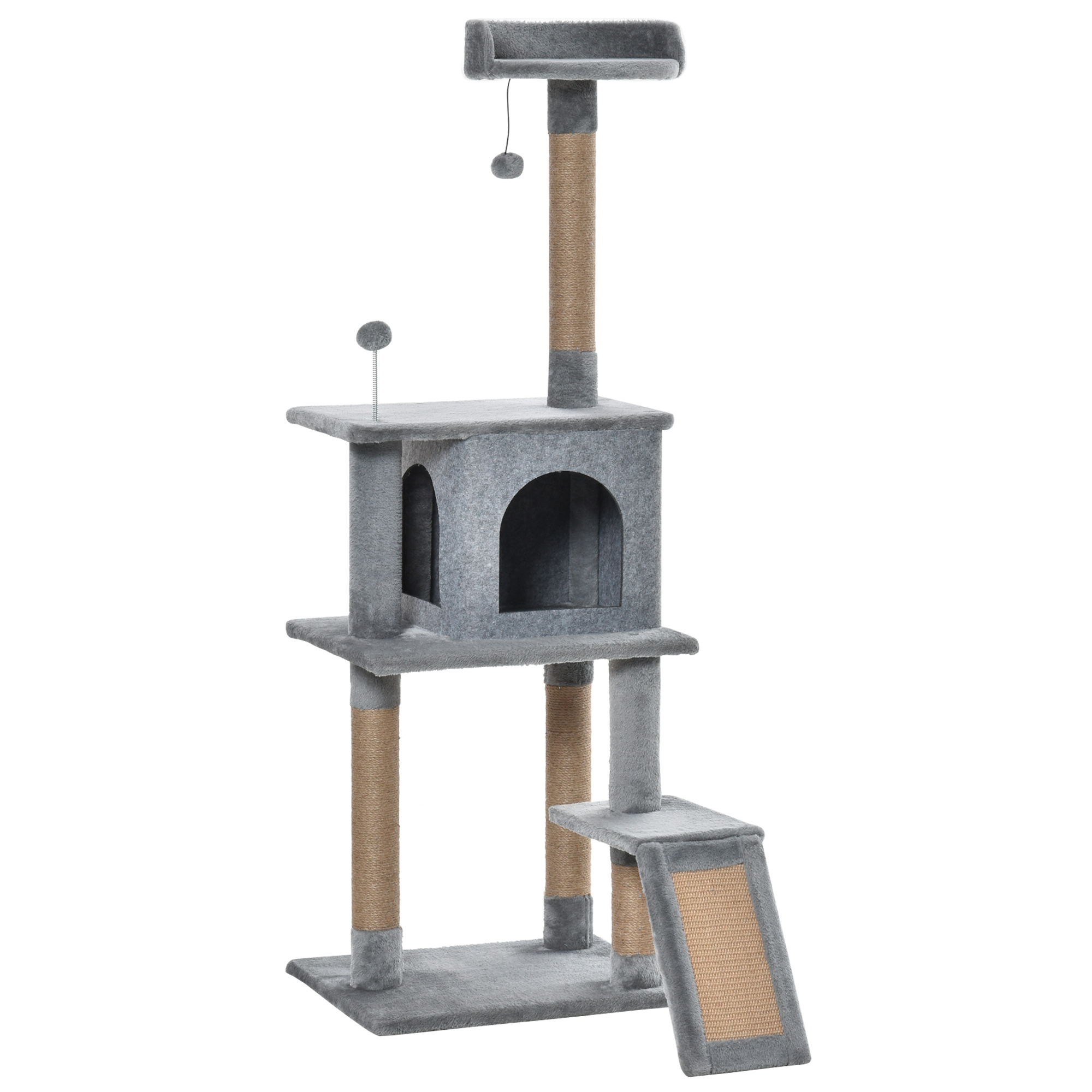 Cat Tree Tower 142cm Climbing Kitten Activity Center with Jute Scratching Post Board Perch Roomy Condo Removable Felt Hanging Toy, Grey - Life 