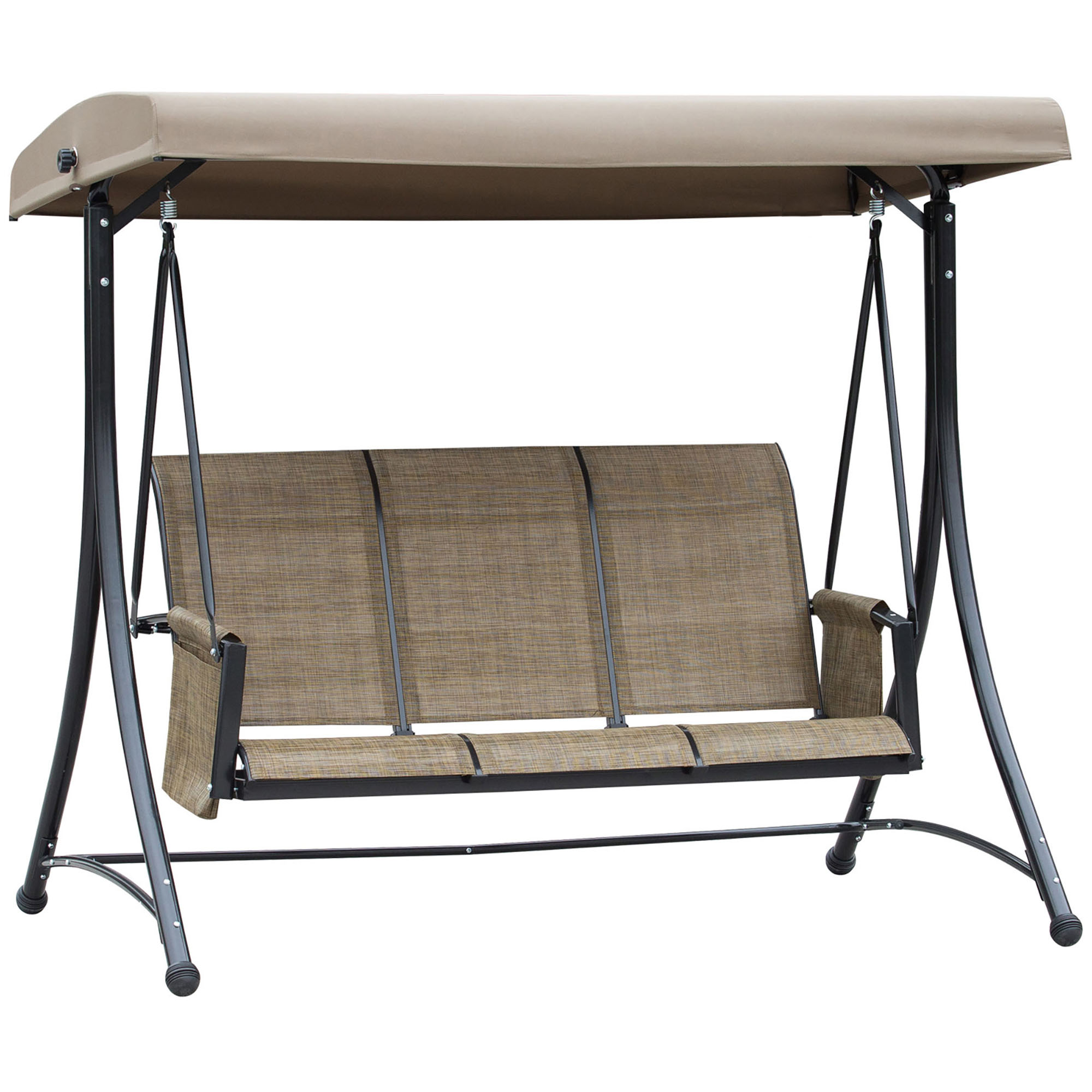 3 Person Outdoor Patio Porch Swing Chair with High Back Design, Side Pouches and Adjustable Canopy, Brown - Life Essentials