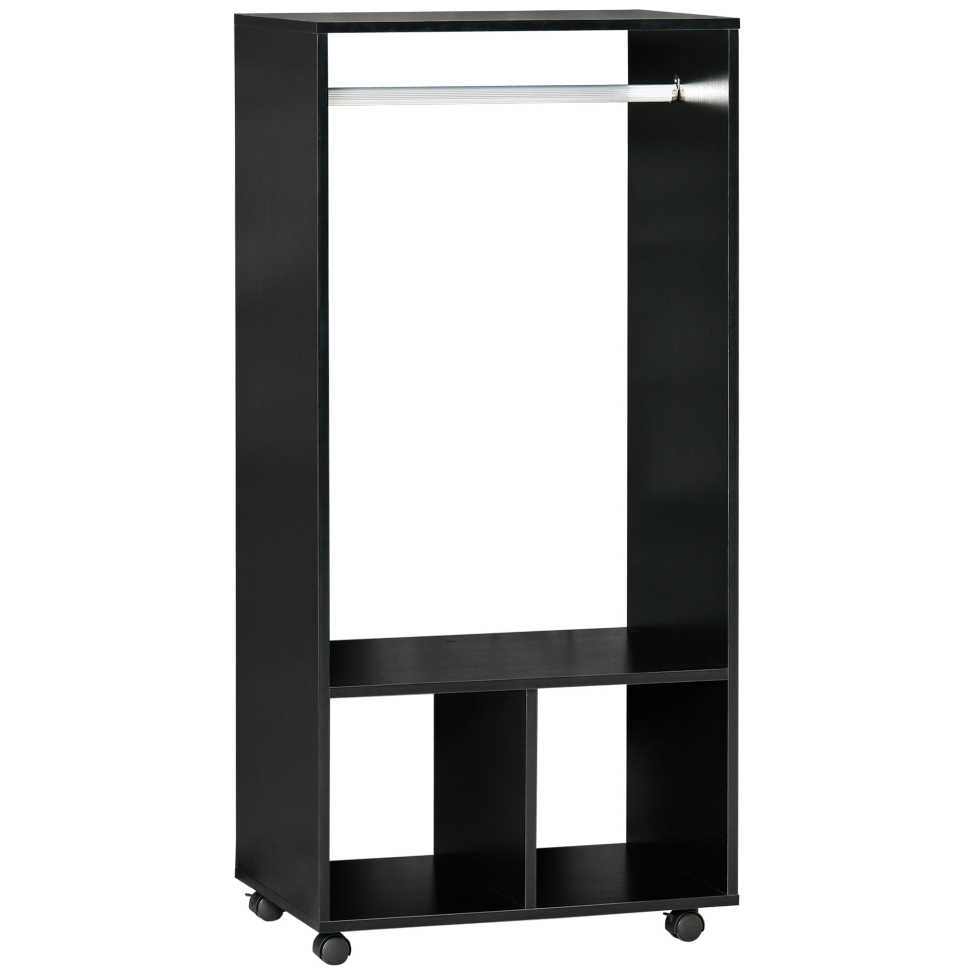 Open Wardrobe with Hanging Rod Storage Shelves Mobile Garment Rack on Wheels - Black - Life Essentials