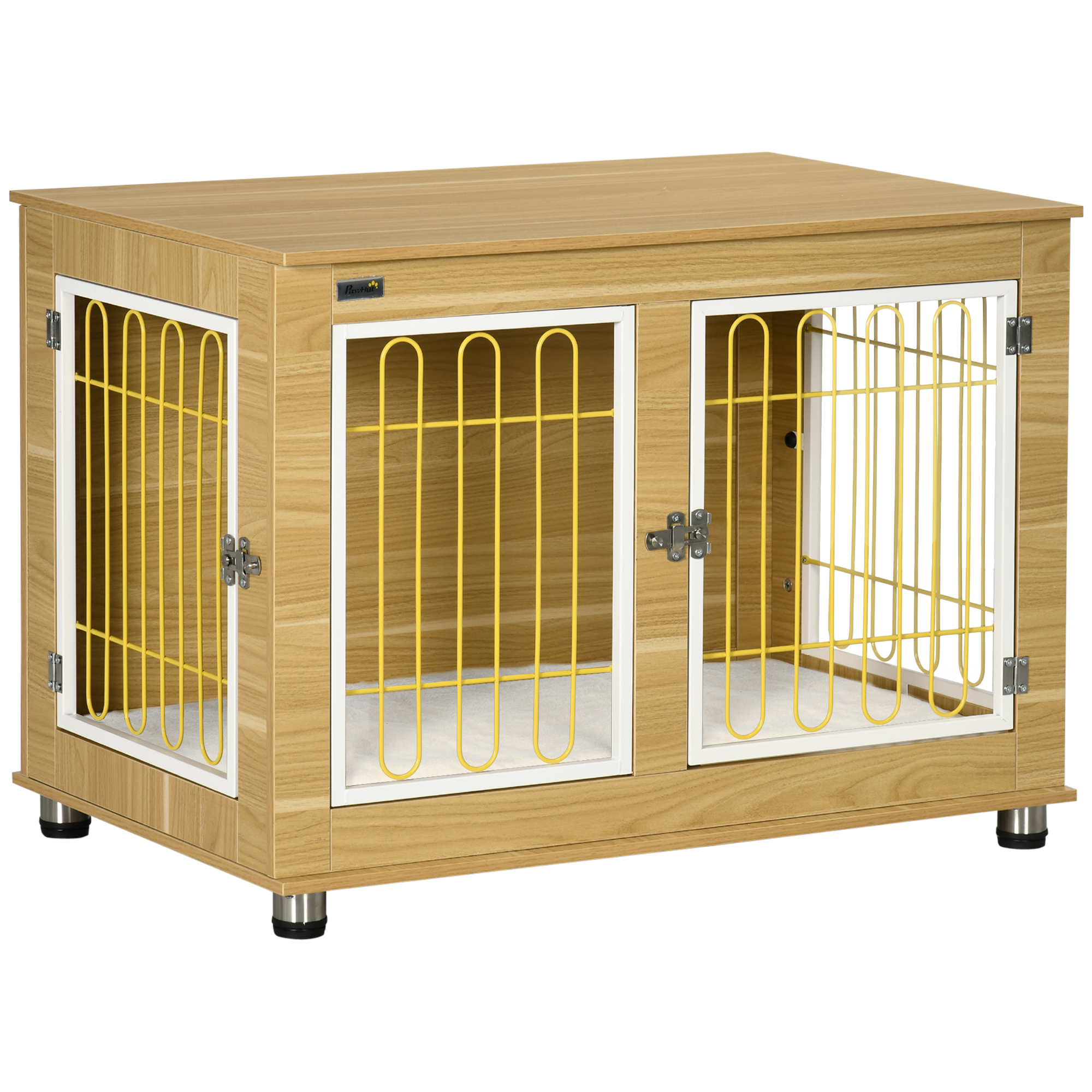 Dog Crate Furniture, Dog Cage End Table. with Soft Cushion, Double Door - Oak Tone - Life Essentials