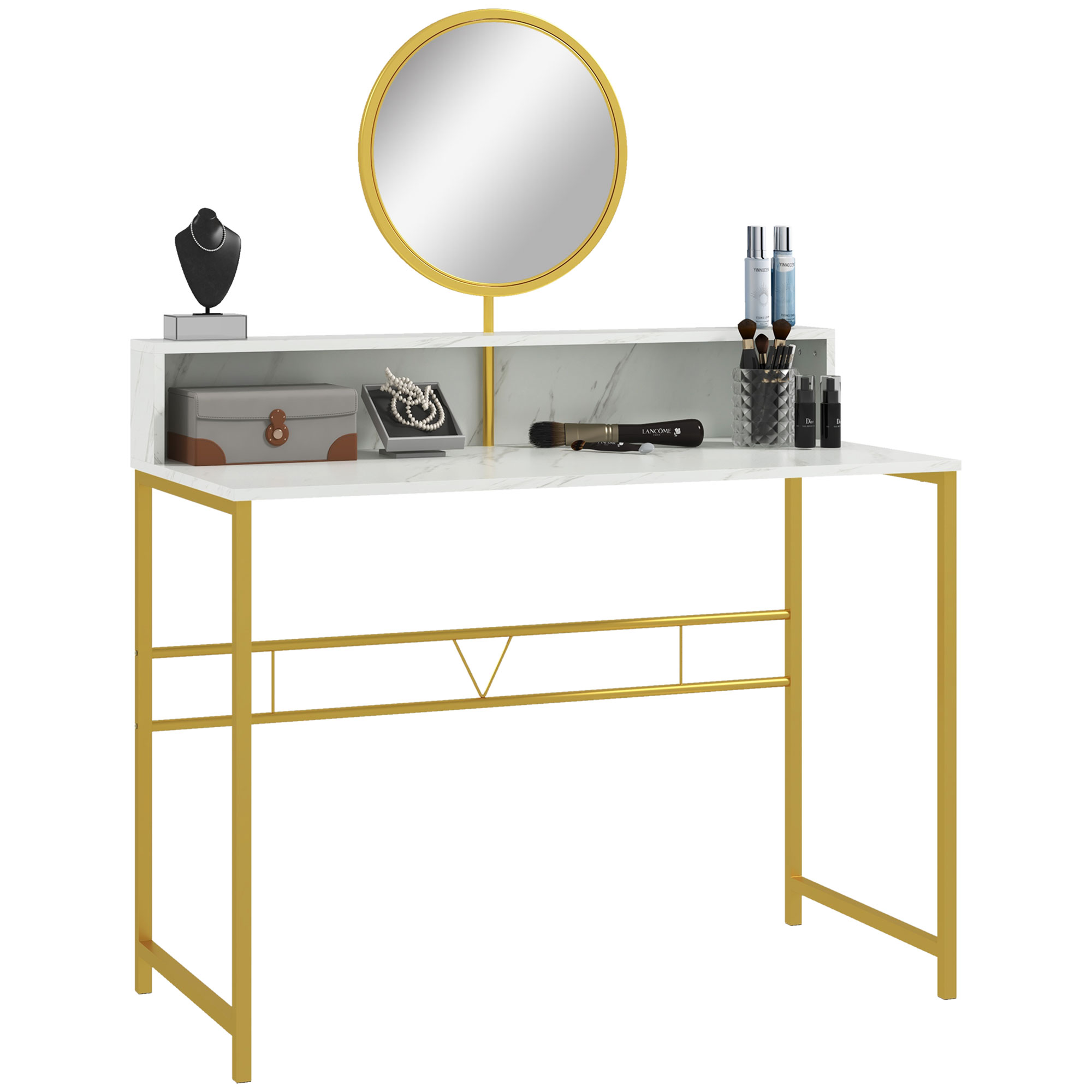 Modern Dressing Table with Round Mirror, Vanity Makeup Desk with Open Storage, Faux Marble Texture and Steel Frame for Bedroom, White - Life 