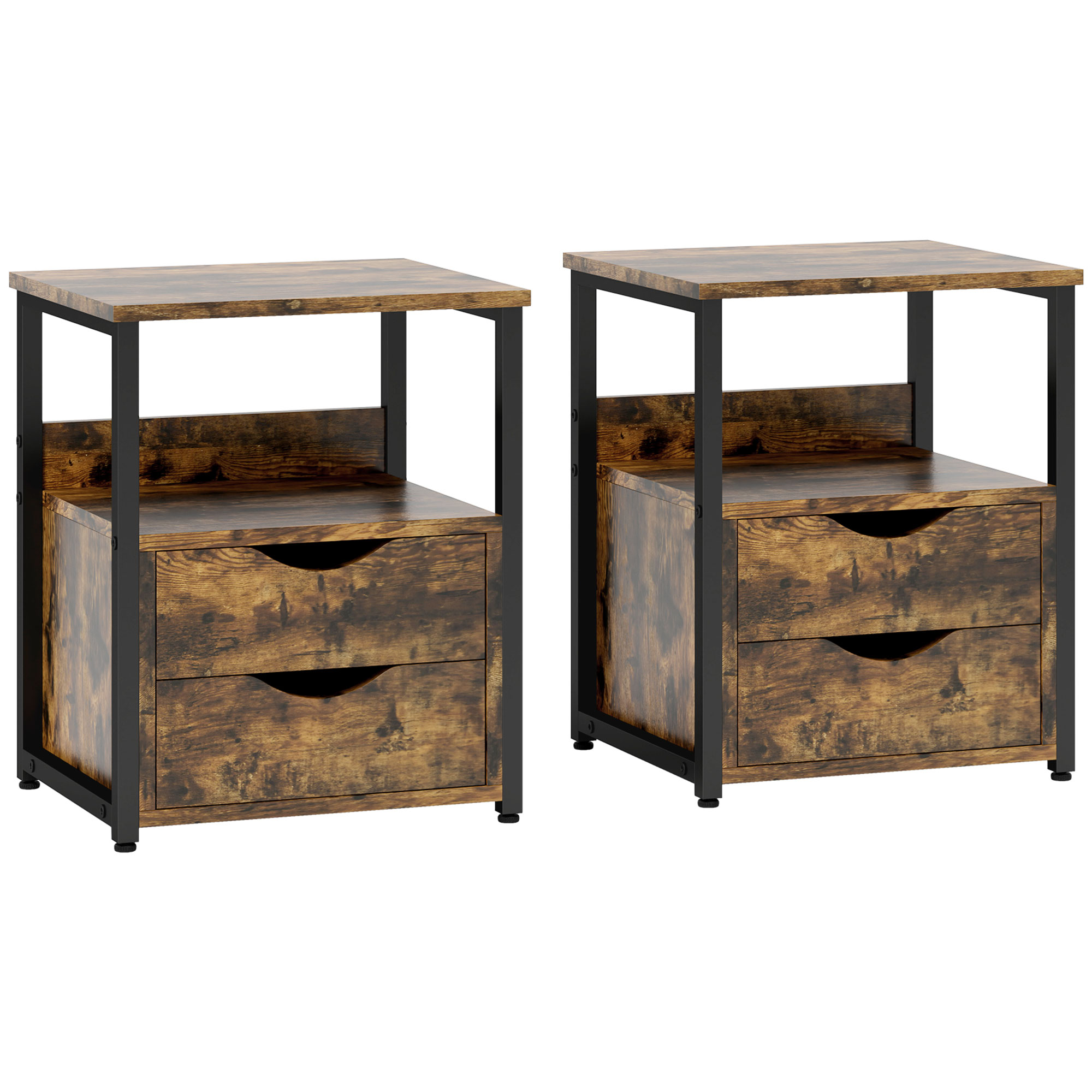 HERON Industrial Side Table Set of 2, Sofa Table with Drawer, Bedside Cabinet with Storage Shelf, Rustic Brown - Life Essentials