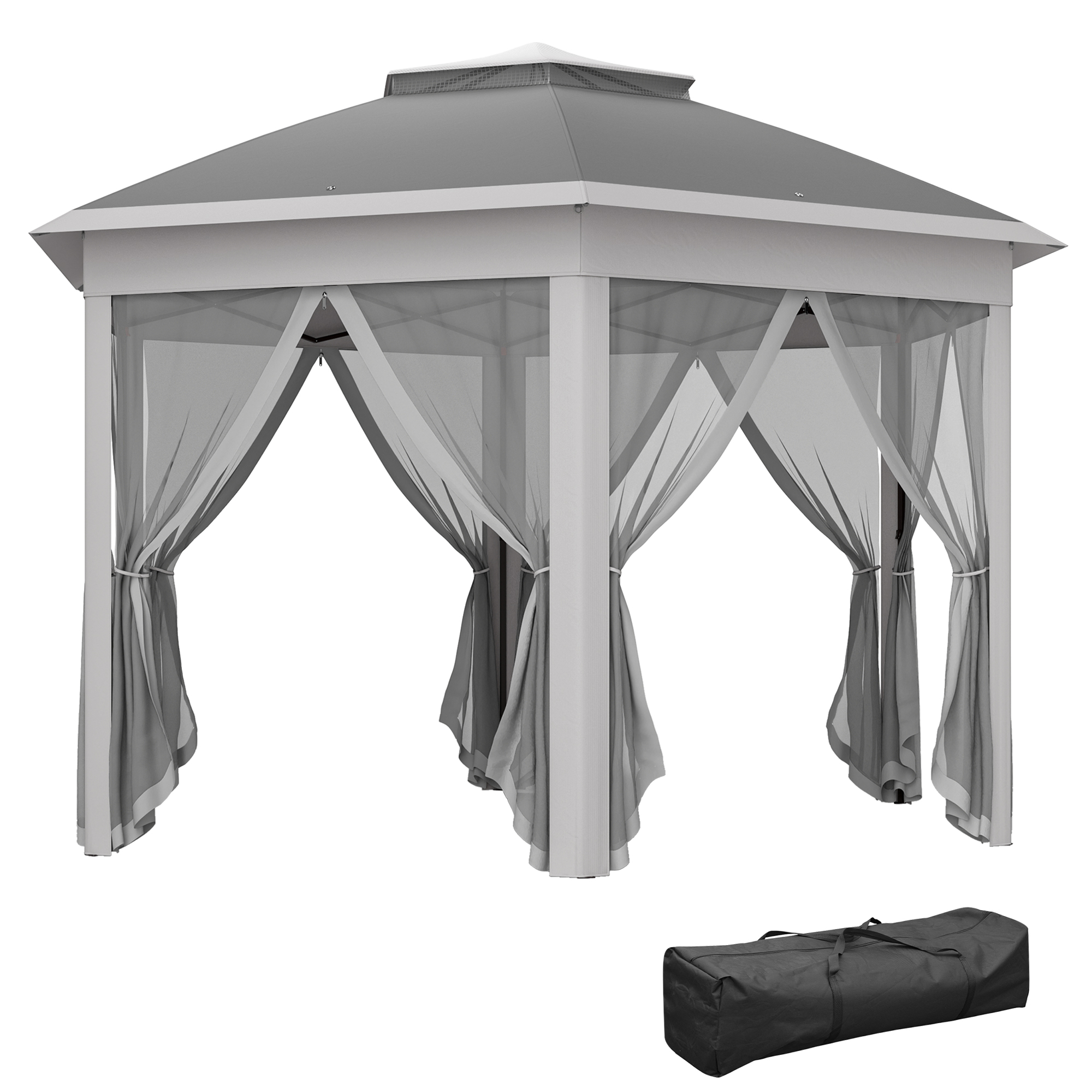 SUNVISTA 3 x 4m Garden Gazebo Hexagon Pop Up Party Tent Canopy Double Roof Instant Shelter with Netting and Carry Bag for Outdoor Patio, Dark Grey - 
