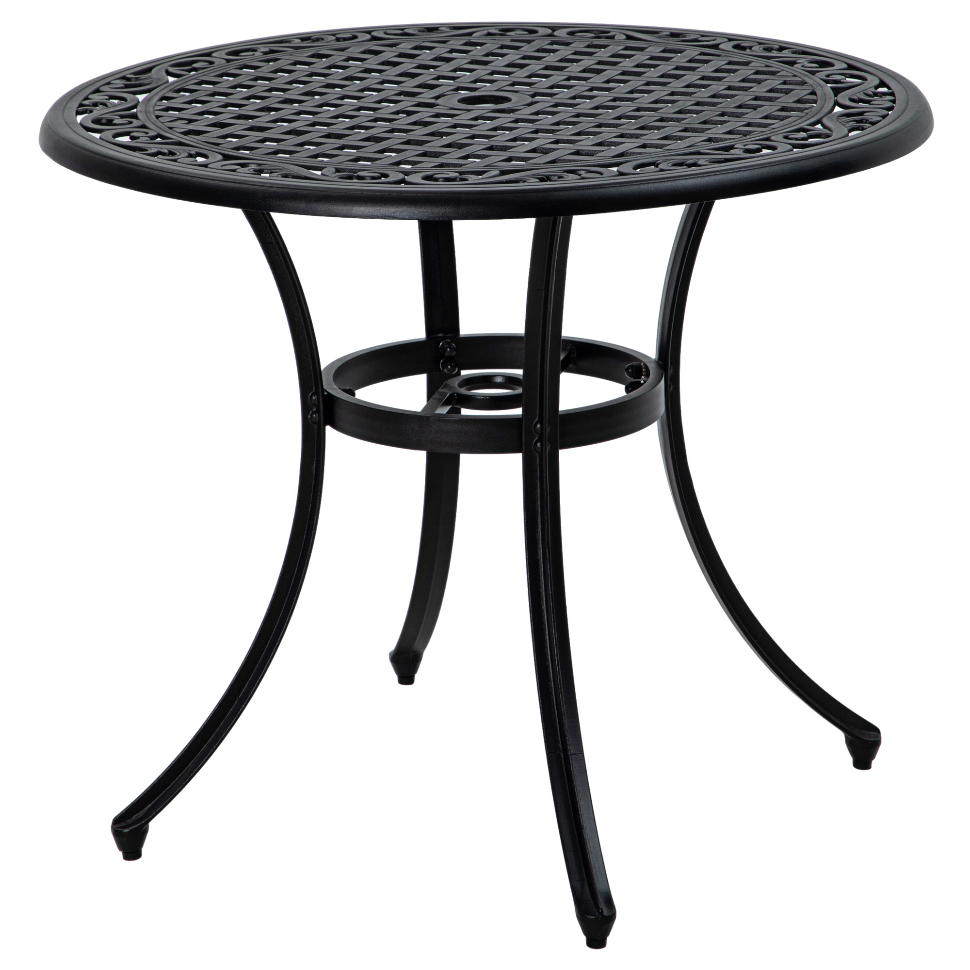 Round Garden Table with Parasol Hole, 90cm Cast Aluminium Outdoor Dining Table for 2-4 for Balcony - Black - Life Essentials