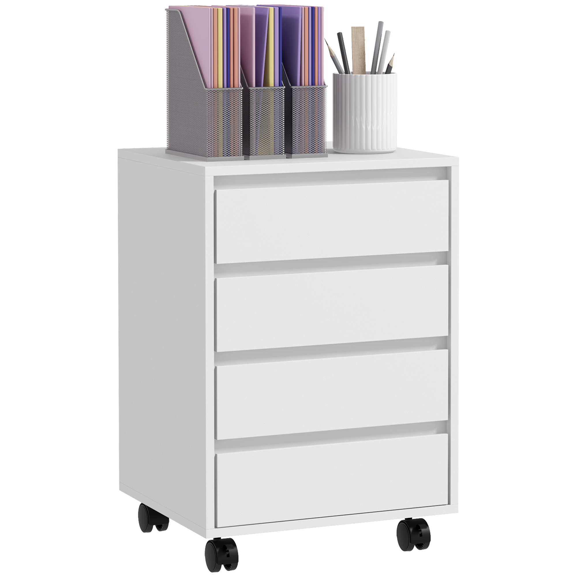 HERON Four-Drawer Office Filing Cabinet, with Wheels - White - Life Essentials