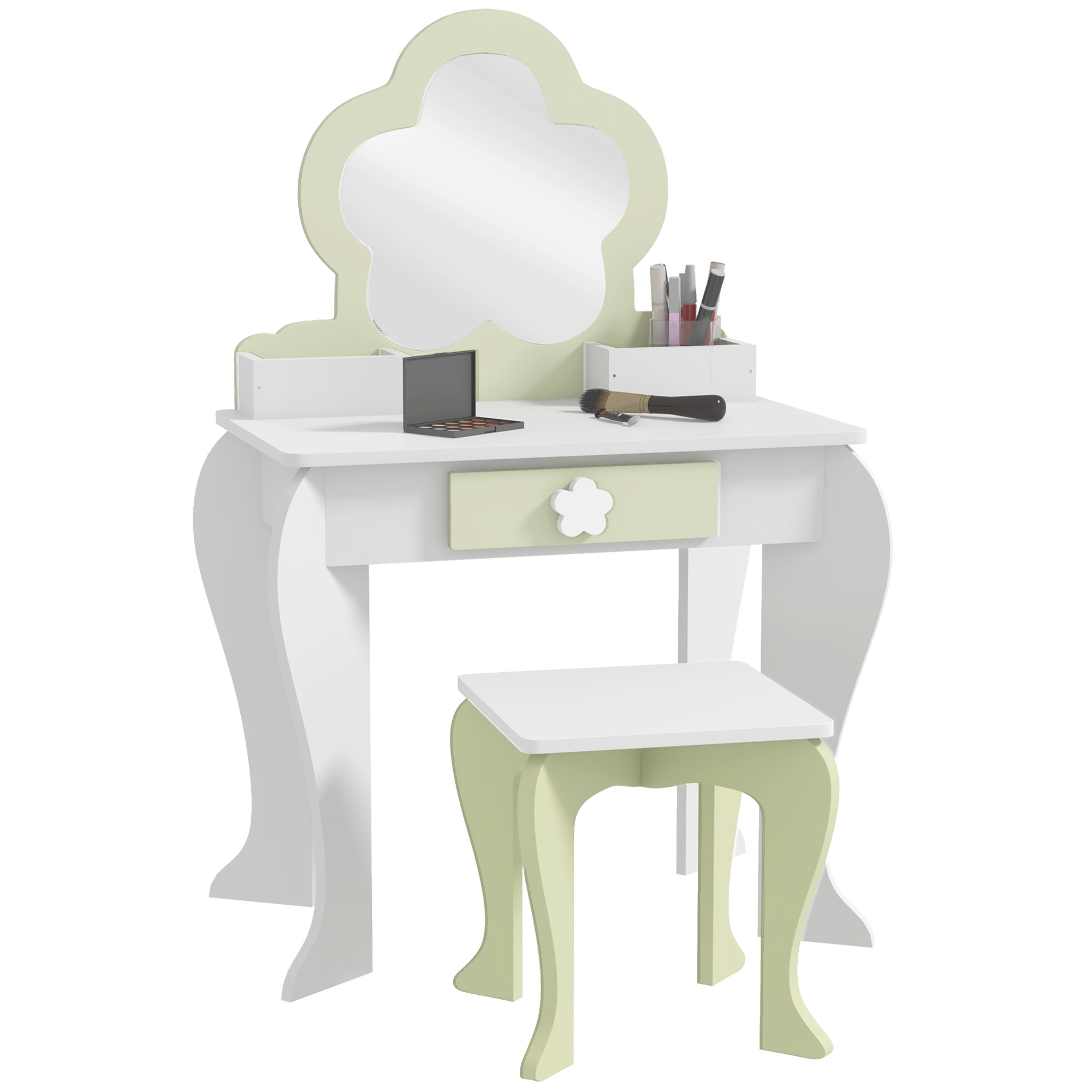 ZONEKIZ Kids Vanity Table with Mirror and Stool, Drawer, Storage Boxes, Beauty Flower Design, for 3-6 Years Old, White - Life Essentials