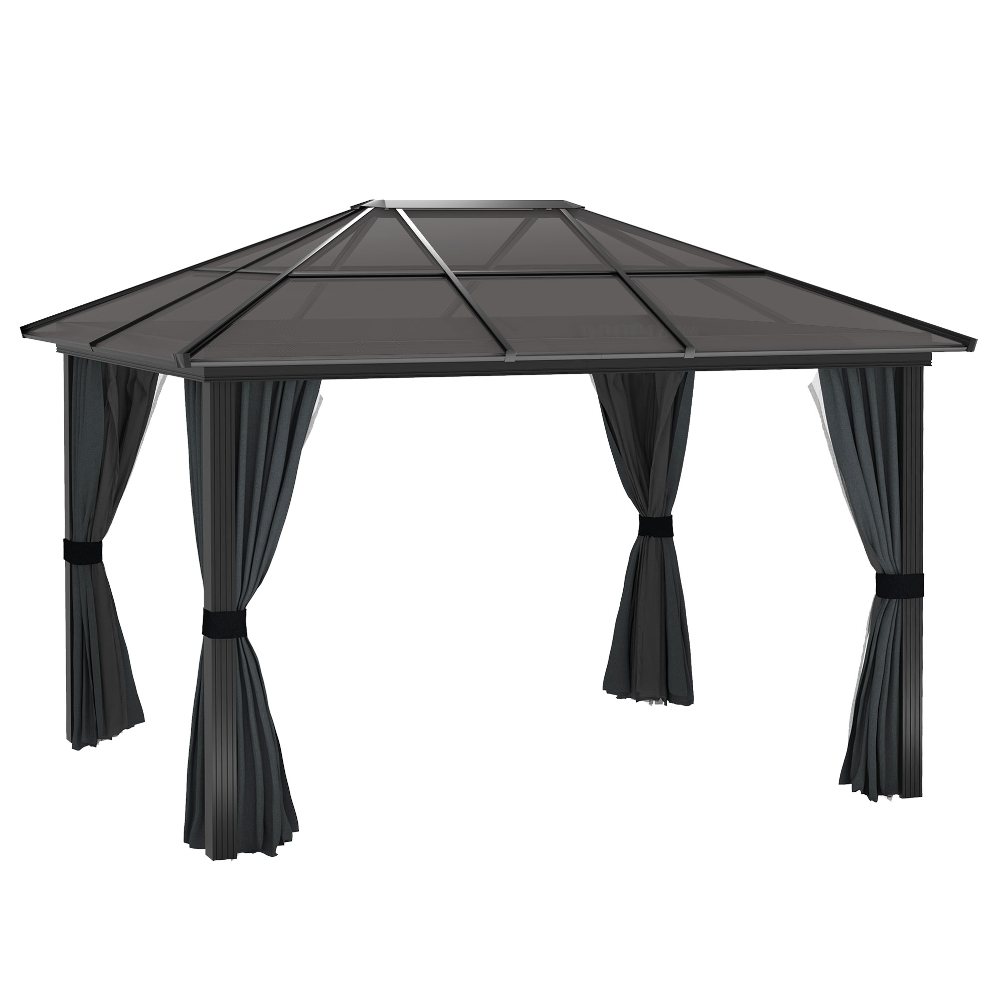 3 x 3.6m Hardtop Gazebo with UV Resistant Polycarbonate Roof and Aluminium Frame, Garden Pavilion with Mosquito Netting and Curtains - Life Essentials