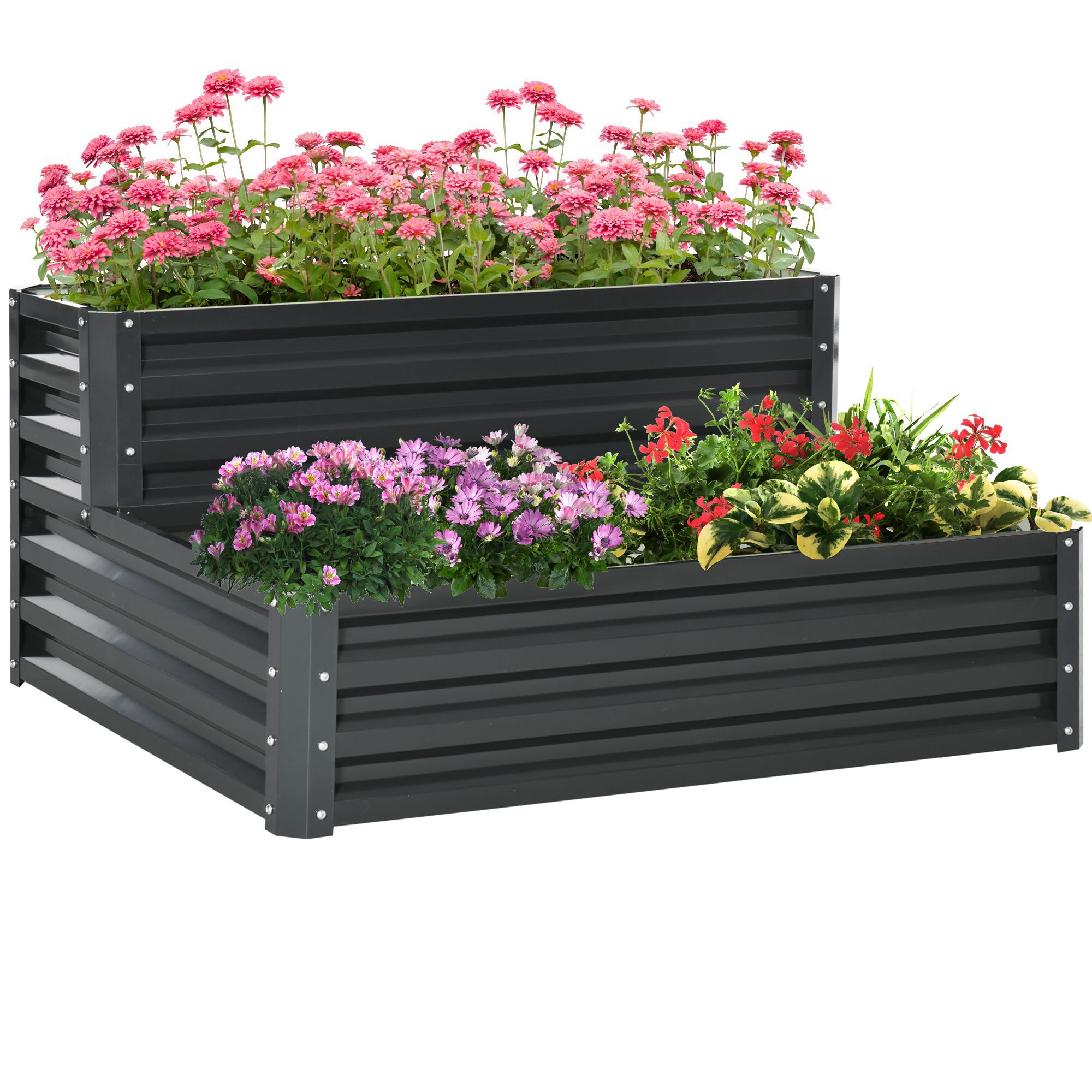 2 Tier Raised Garden Bed, Galvanised Planter Box with Open Bottom for Vegetables Flowers Herbs, 120x101x58cm, Dark Grey - Life Essentials