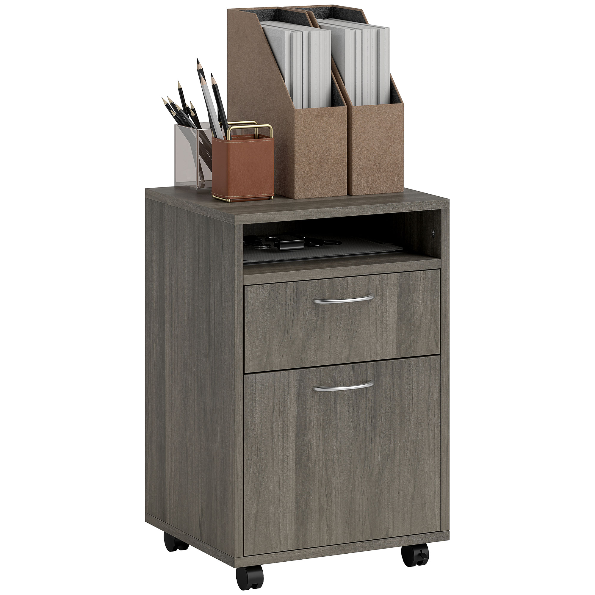 HERON 60cm Filing Cabinet with Drawer, Open Shelf, Metal Handles and 4 Wheels, Office Home Organiser Mobile Printer, Grey - Life Essentials