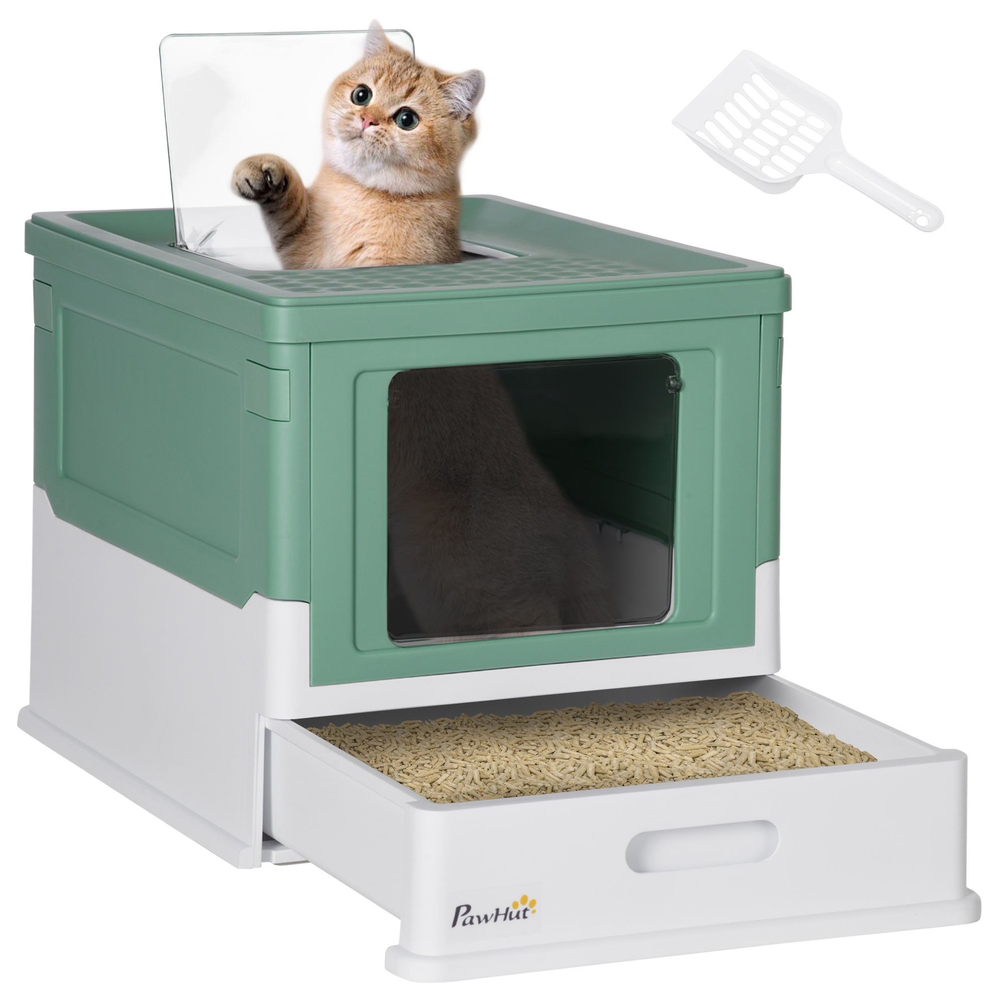 Hooded Cat Litter Box Scoop Included, Litter Tray with Front Entry Top Exit, Portable Pet Toilet with Large Space, 47.5 x 35.5 x 36.7 cm Green - Life 